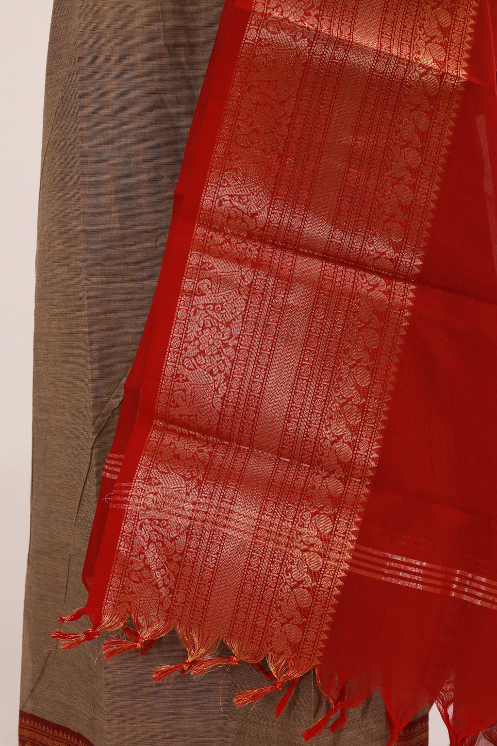White Alumini with Red Border Chettinad Cotton Unstitched Salwar Suit - #NC128