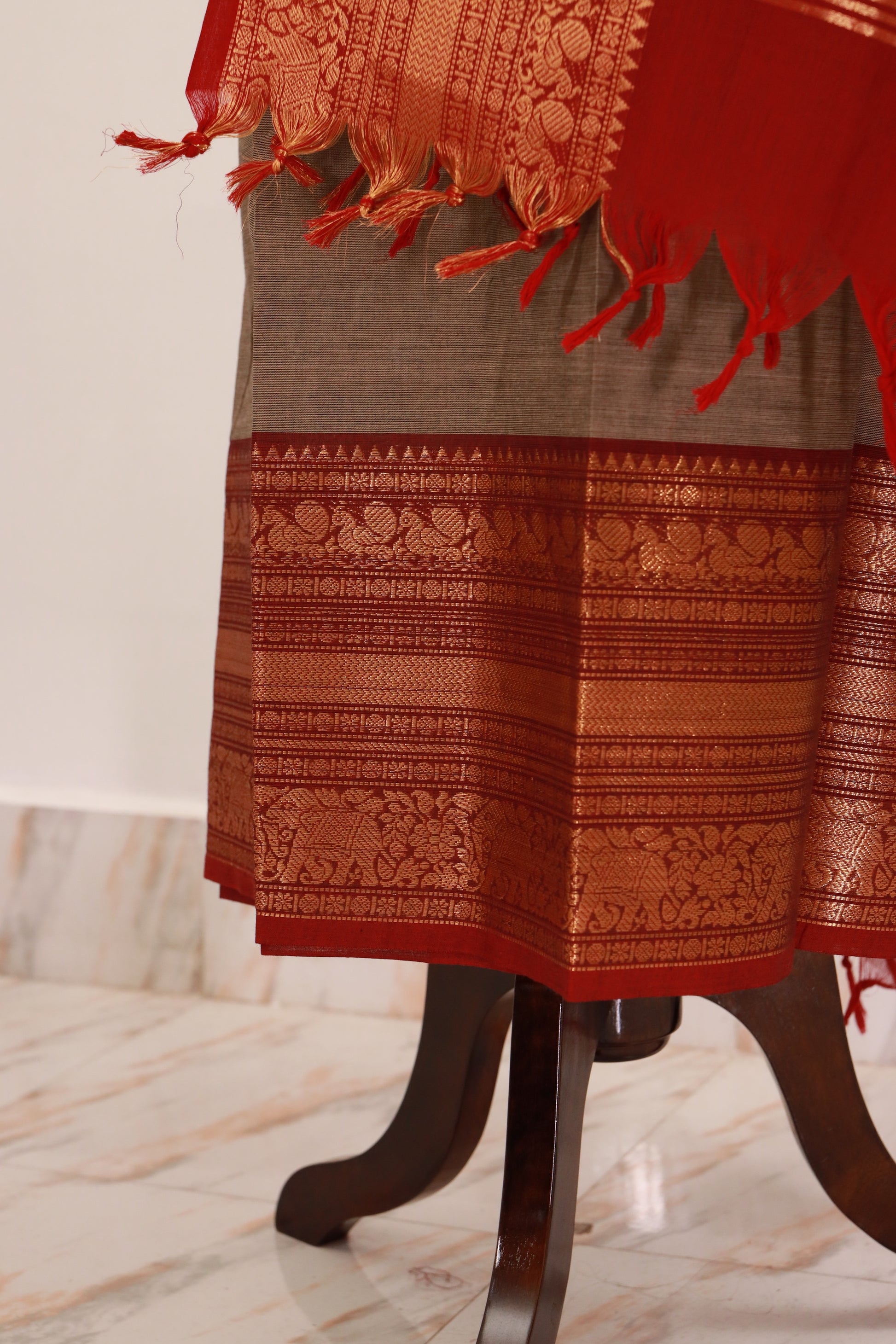 White Alumini with Red Border Chettinad Cotton Unstitched Salwar Suit - #NC128