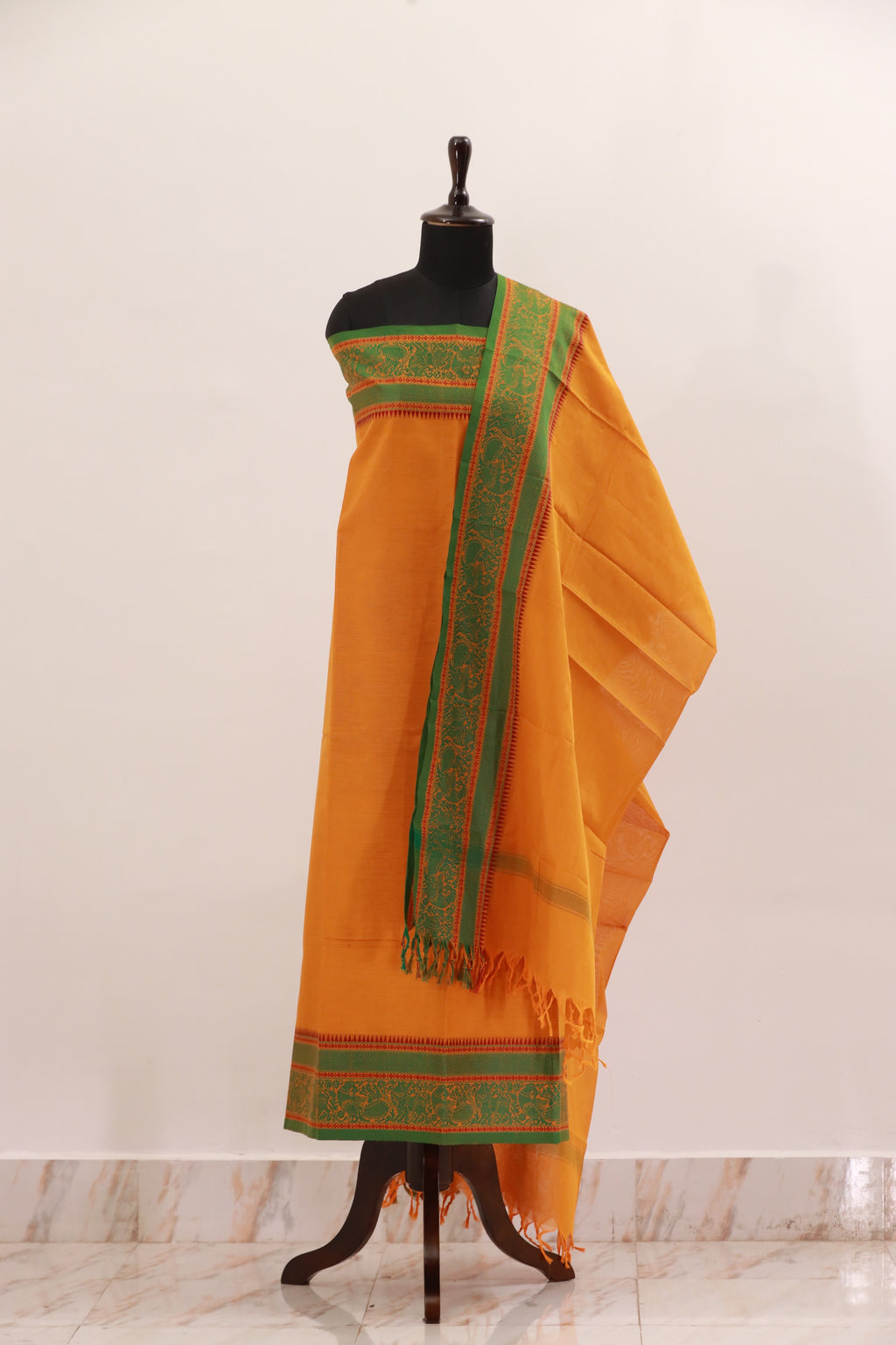 Yellow with Green  Chettinad Cotton Unstitched Salwar Suit - #NC129