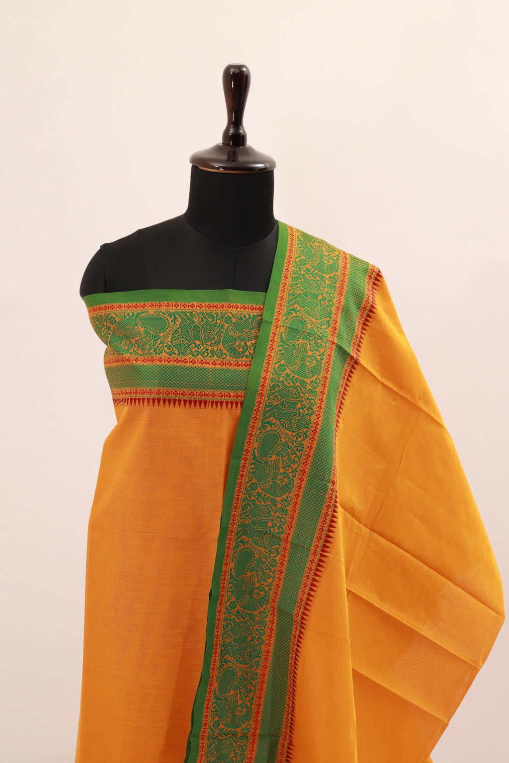 Yellow with Green  Chettinad Cotton Unstitched Salwar Suit - #NC129