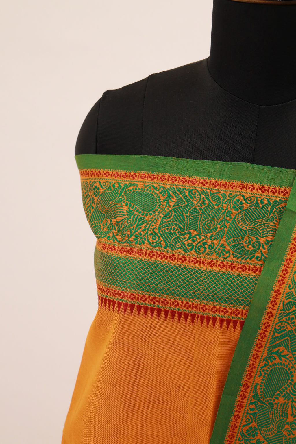 Yellow with Green  Chettinad Cotton Unstitched Salwar Suit - #NC129
