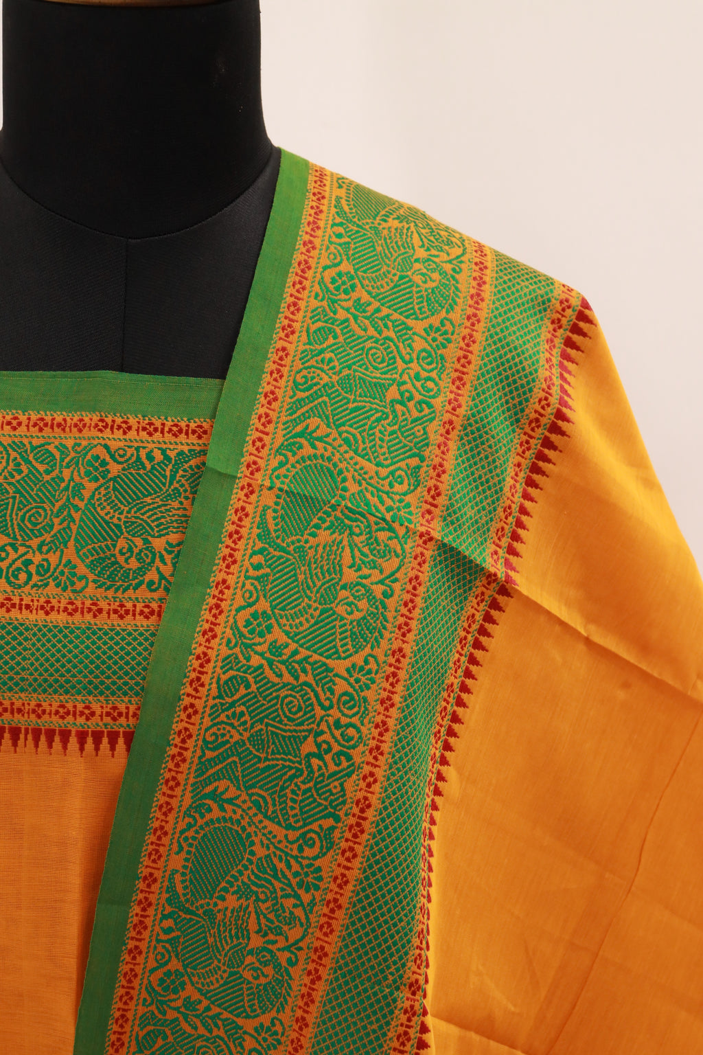 Yellow with Green  Chettinad Cotton Unstitched Salwar Suit - #NC129