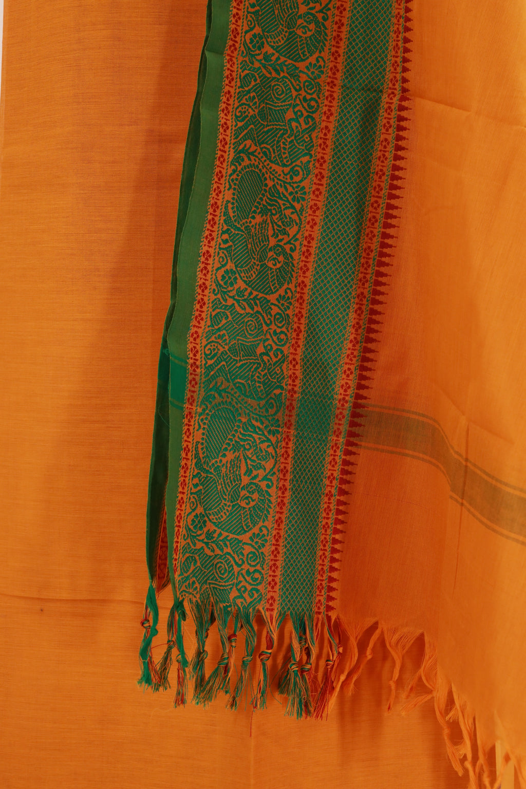 Yellow with Green  Chettinad Cotton Unstitched Salwar Suit - #NC129