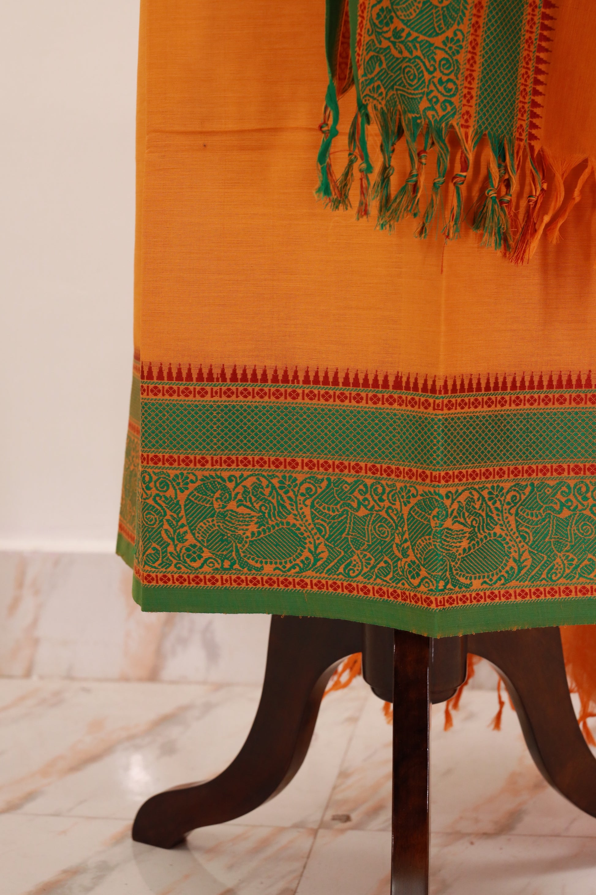 Yellow with Green  Chettinad Cotton Unstitched Salwar Suit - #NC129
