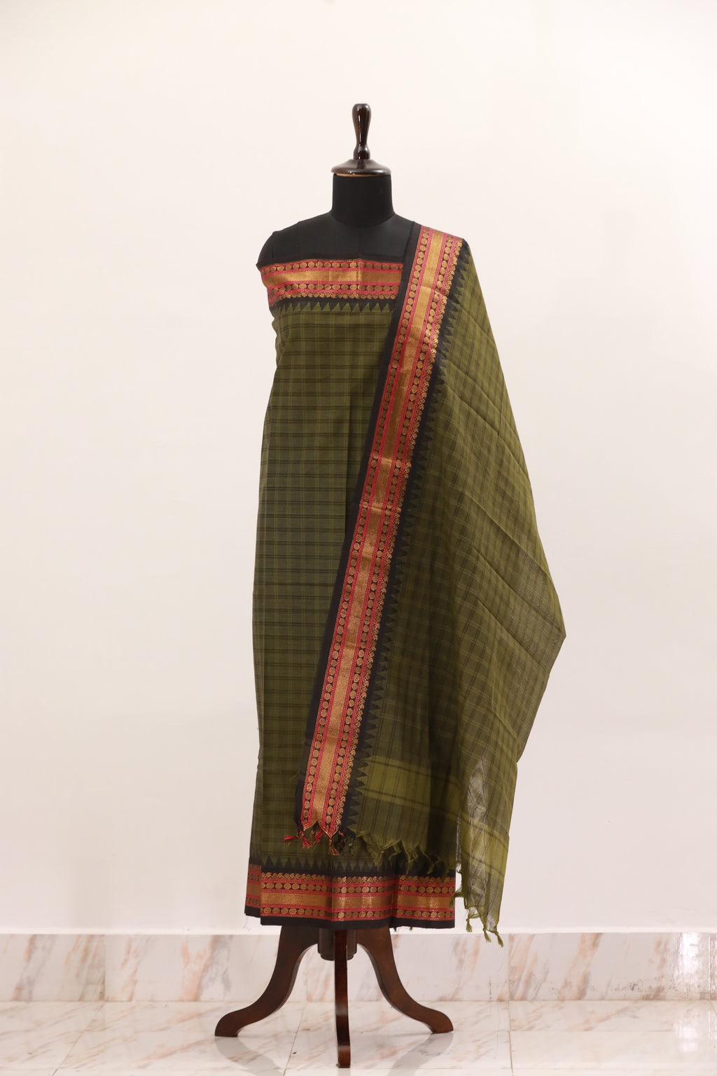 Grass Green with Black and Pink  Chettinad Cotton Unstitched Salwar Suit - #NC130
