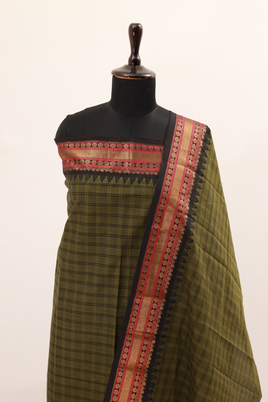 Grass Green with Black and Pink  Chettinad Cotton Unstitched Salwar Suit - #NC130