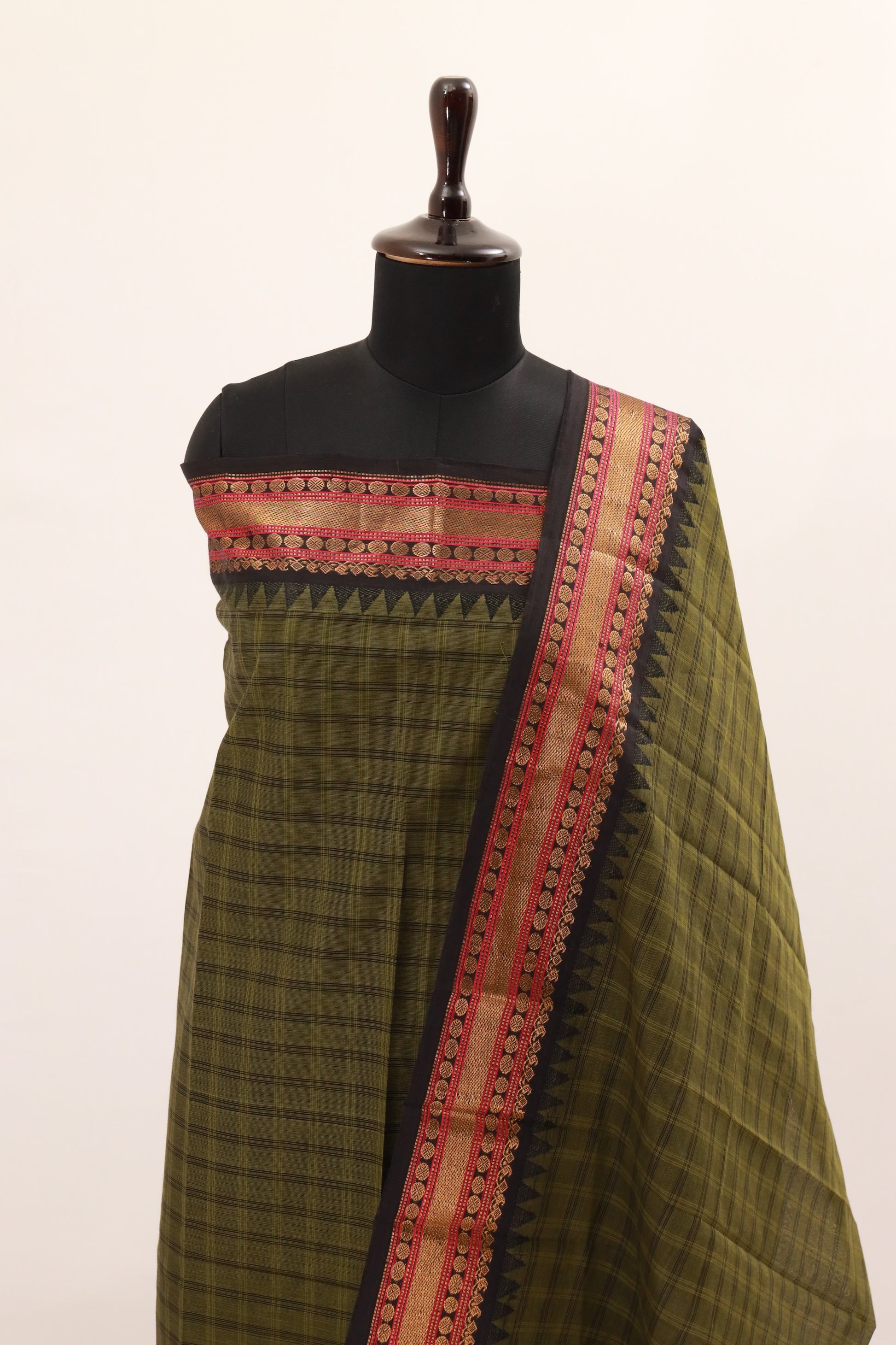 Grass Green with Black and Pink  Chettinad Cotton Unstitched Salwar Suit - #NC130