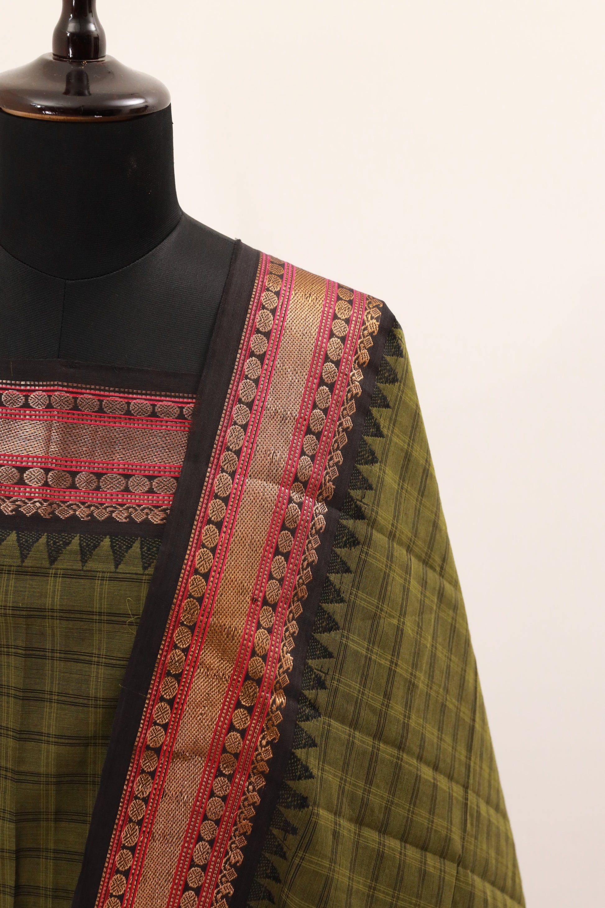 Grass Green with Black and Pink  Chettinad Cotton Unstitched Salwar Suit - #NC130
