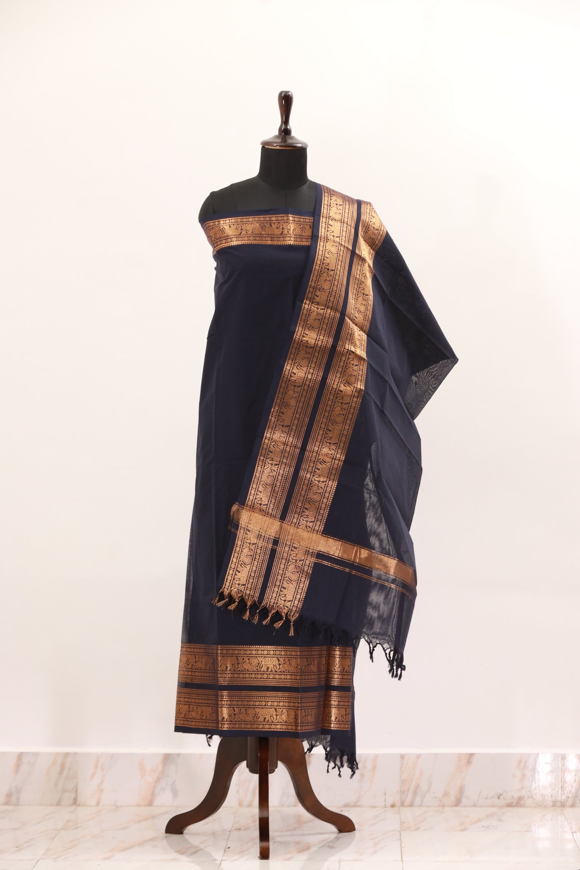 Navy Blue with Golden Chettinad Cotton Unstitched Salwar Suit - #NC131