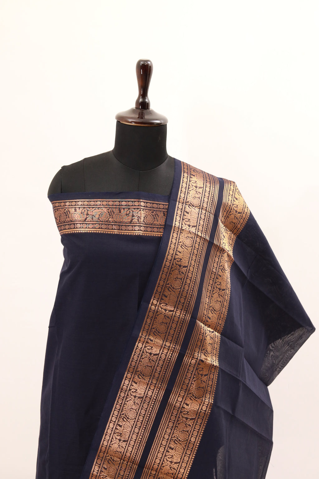 Navy Blue with Golden Chettinad Cotton Unstitched Salwar Suit - #NC131