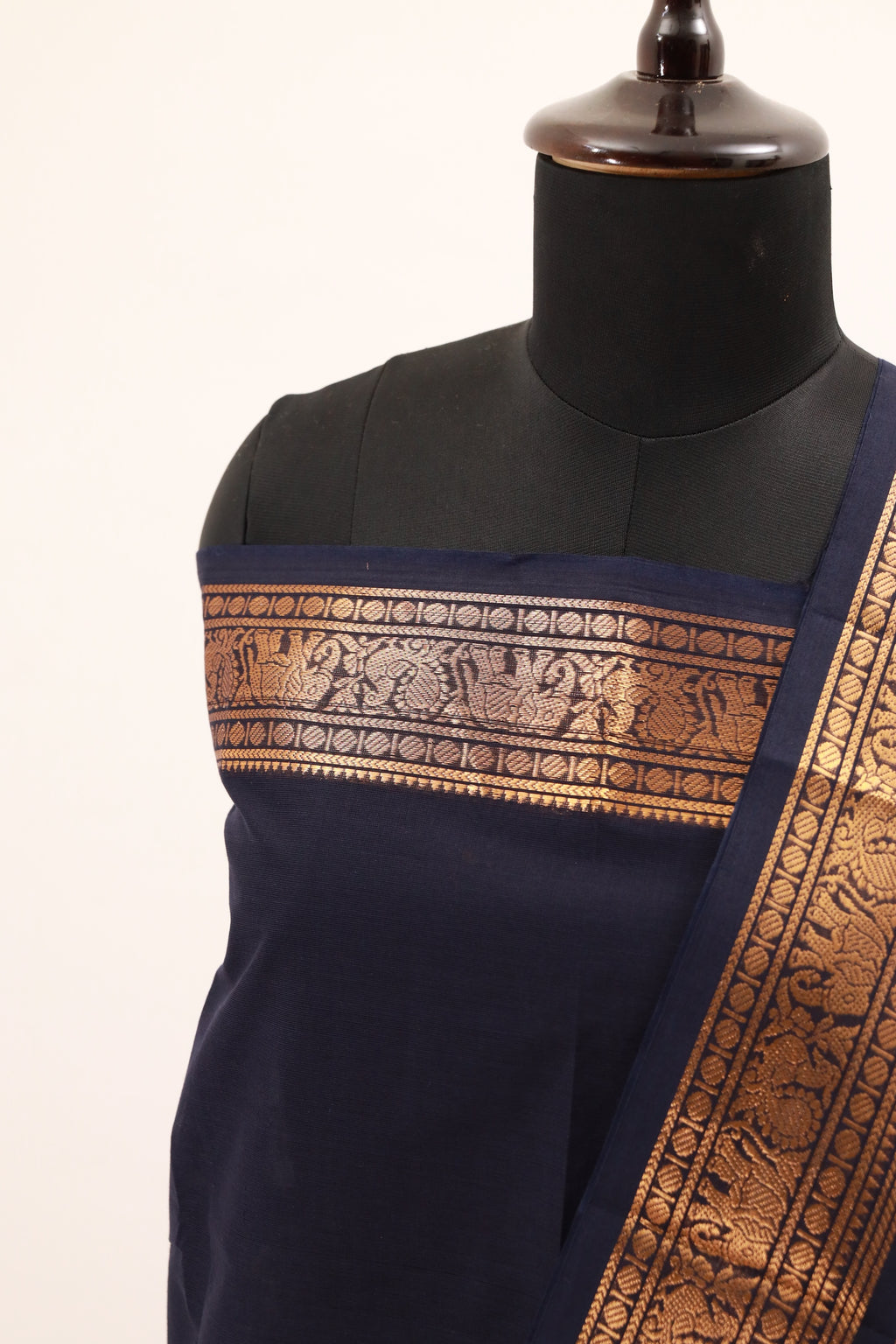 Navy Blue with Golden Chettinad Cotton Unstitched Salwar Suit - #NC131