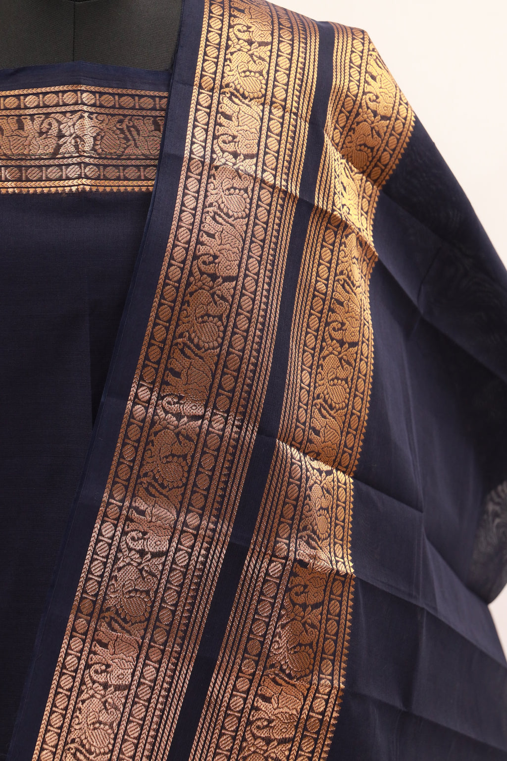 Navy Blue with Golden Chettinad Cotton Unstitched Salwar Suit - #NC131