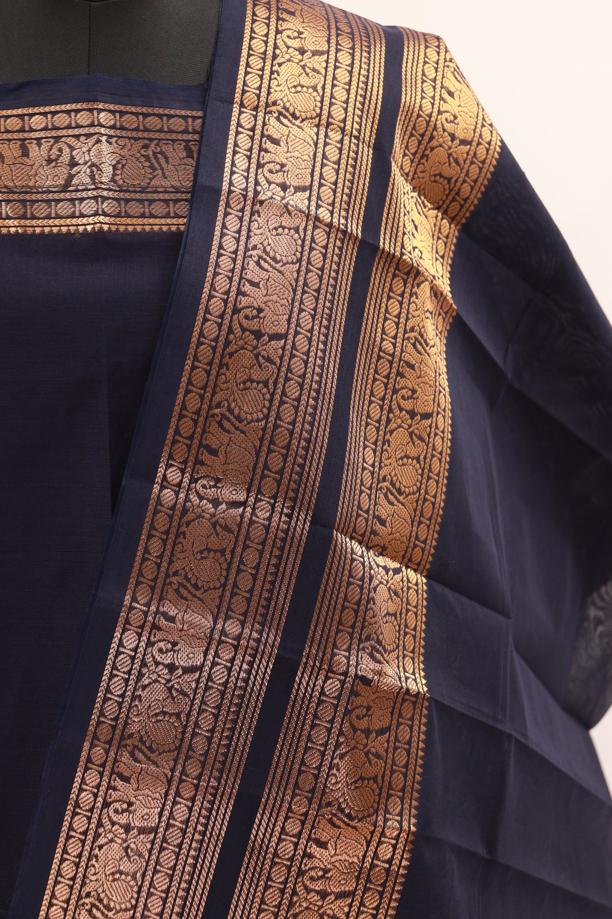 Navy Blue with Golden Chettinad Cotton Unstitched Salwar Suit - #NC131