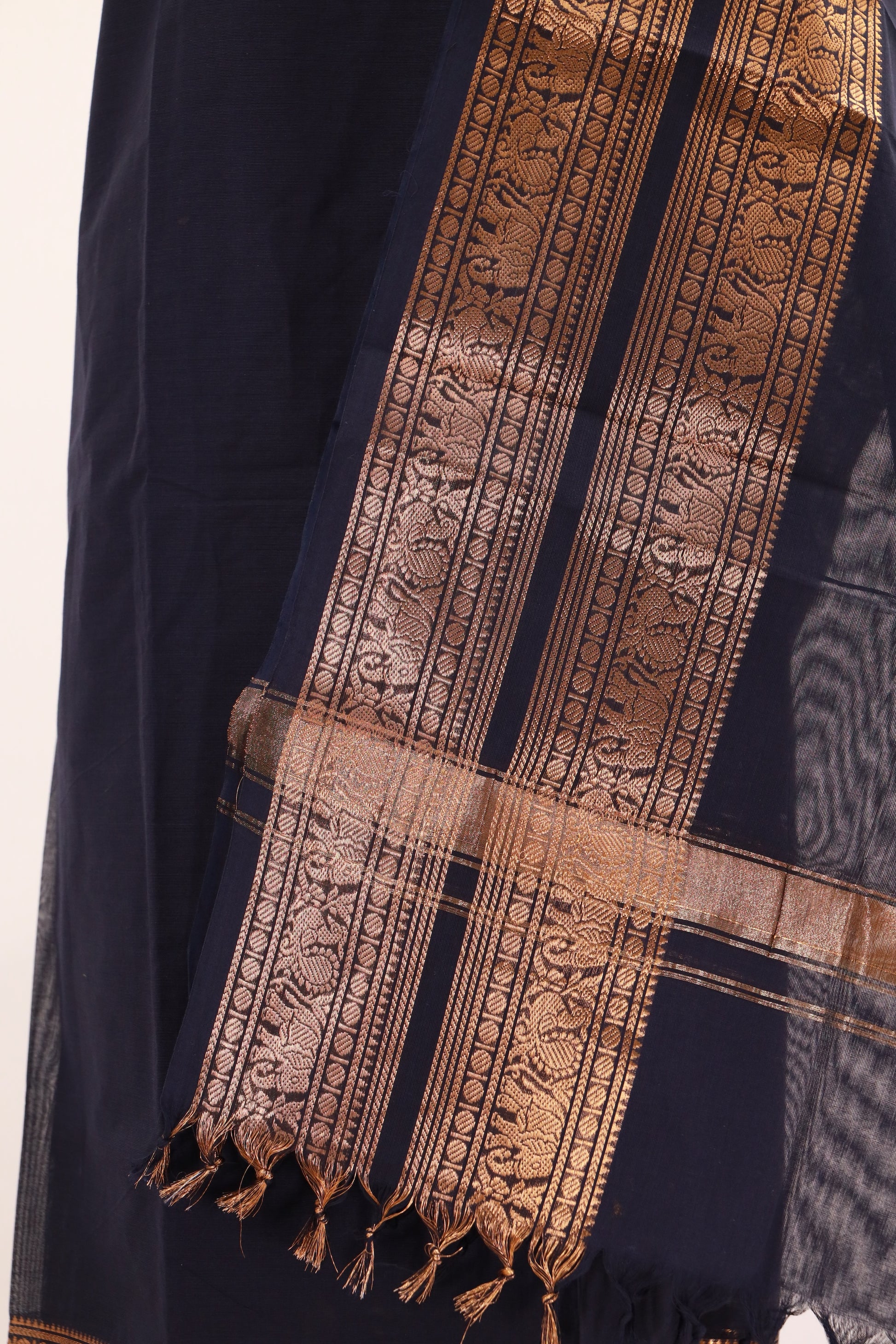 Navy Blue with Golden Chettinad Cotton Unstitched Salwar Suit - #NC131