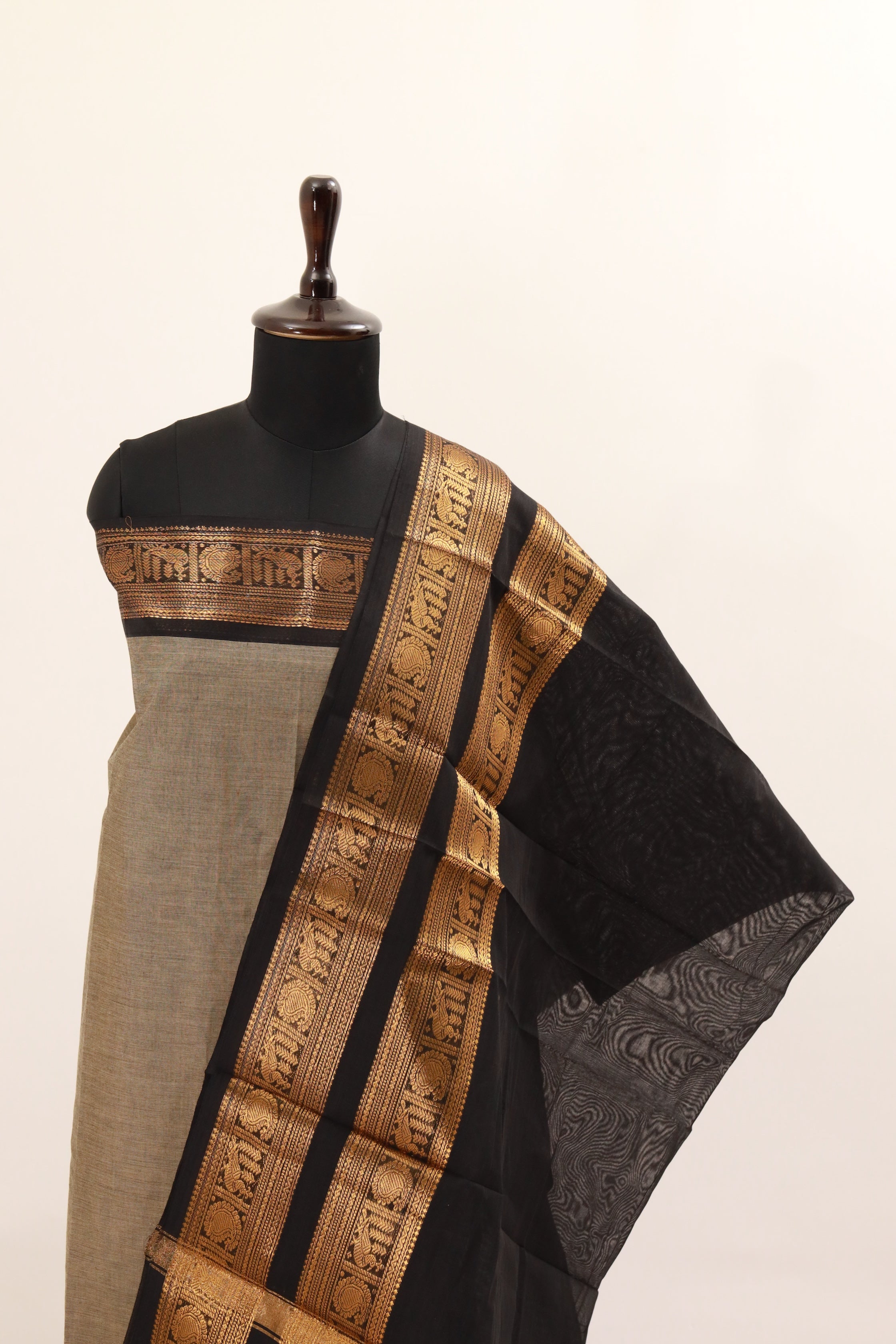 Gray with Black  Chettinad Cotton Unstitched Salwar Suit - #NC134