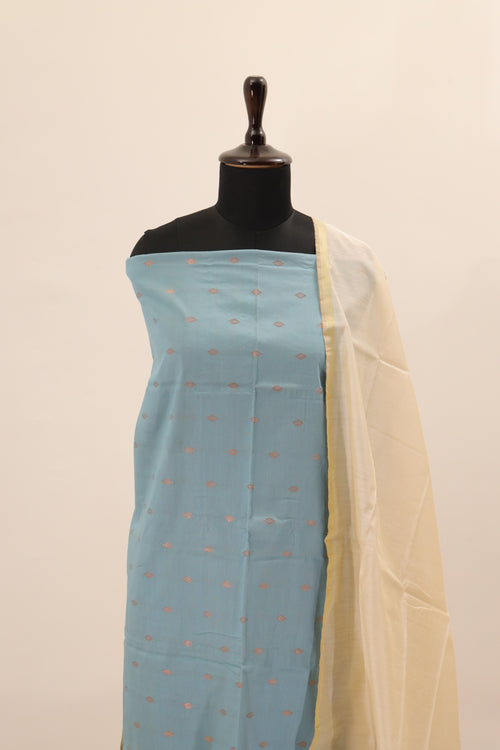 (3 Piece Set) Sky Blue with Cream Dupatta Unstitched Salwar Suit - #NC137