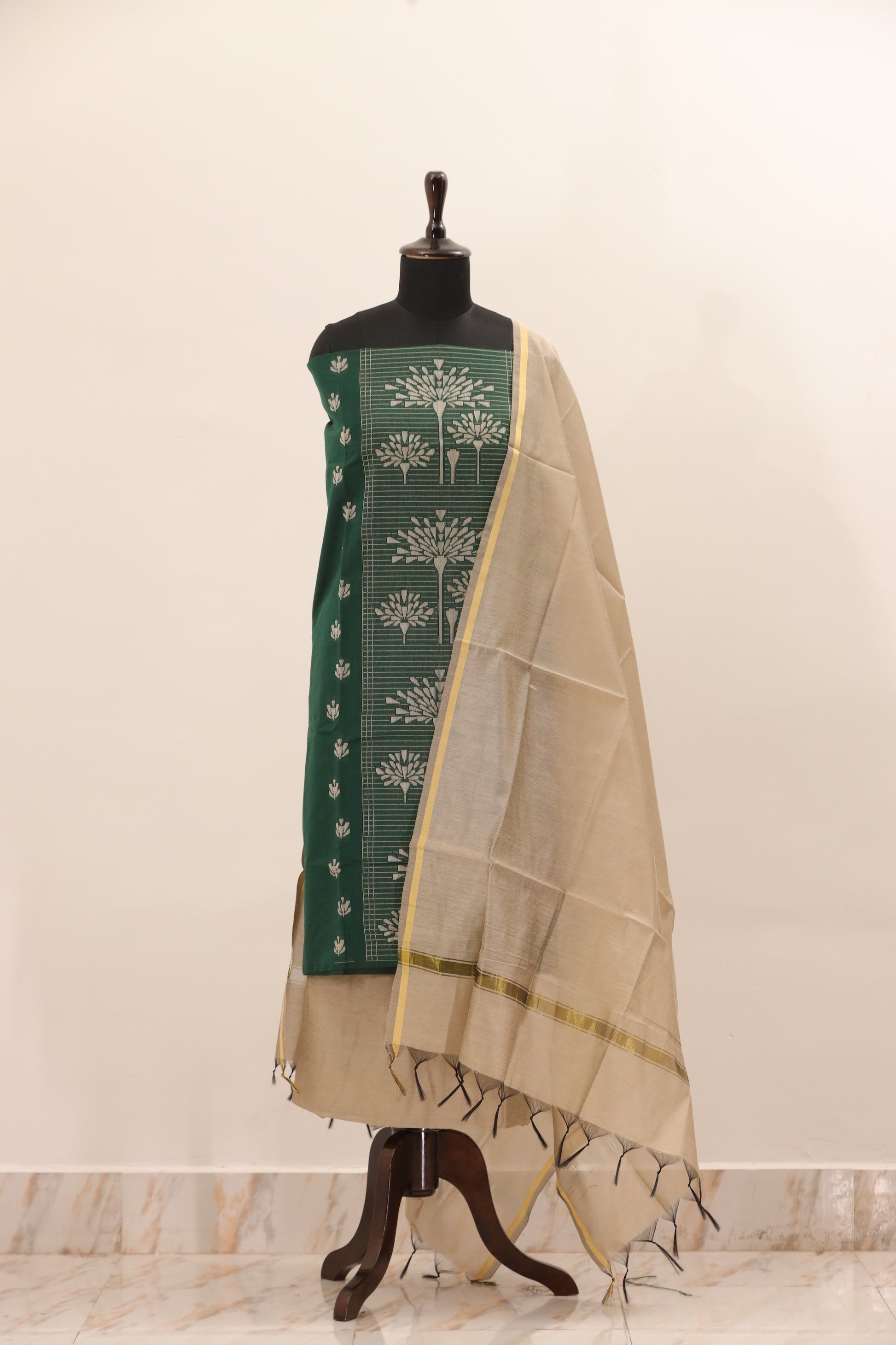 Green with Cream Dupatta Unstitched Salwar Suit - #NC143