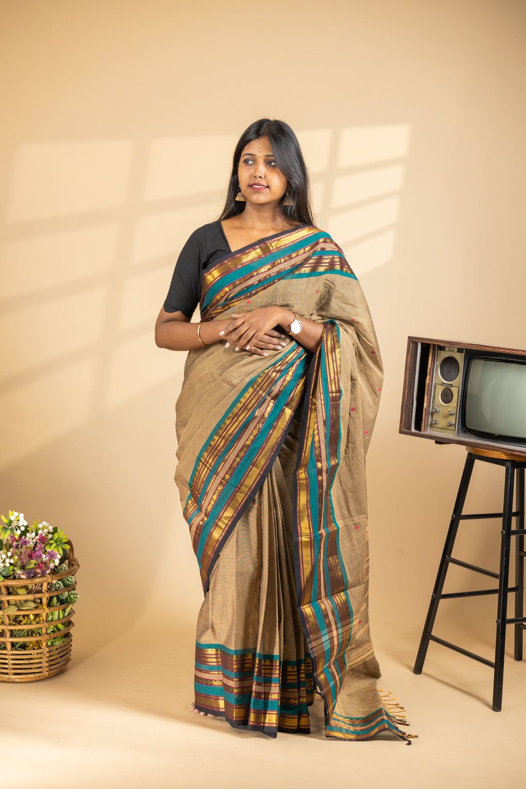 Brown Chettinad Cotton Saree with Green Border - #NS001