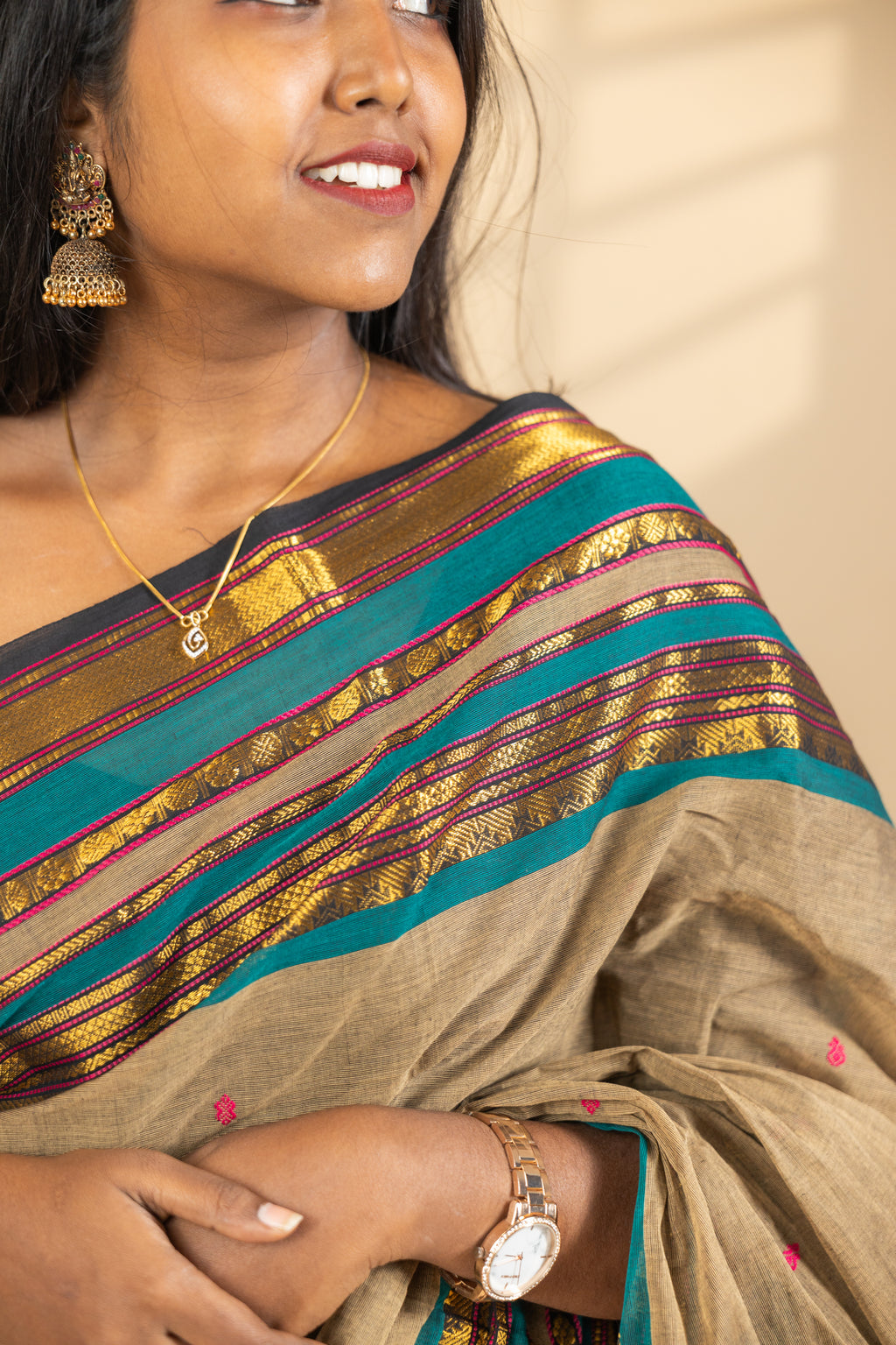 Brown Chettinad Cotton Saree with Green Border - #NS001