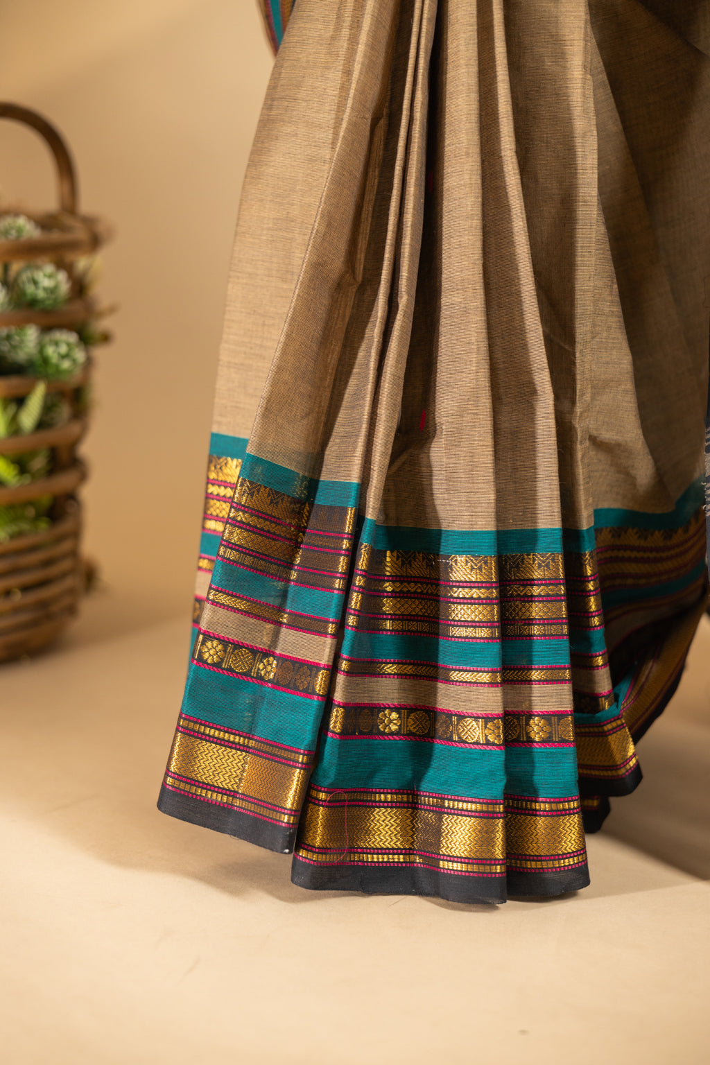 Brown Chettinad Cotton Saree with Green Border - #NS001