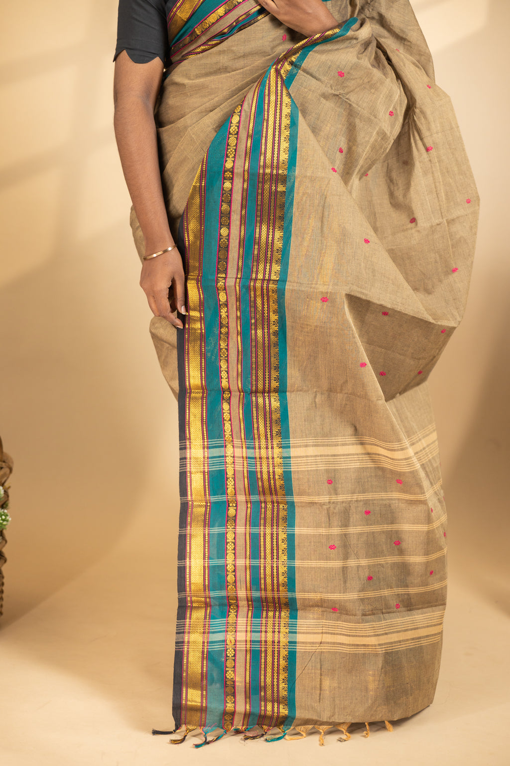 Brown Chettinad Cotton Saree with Green Border - #NS001