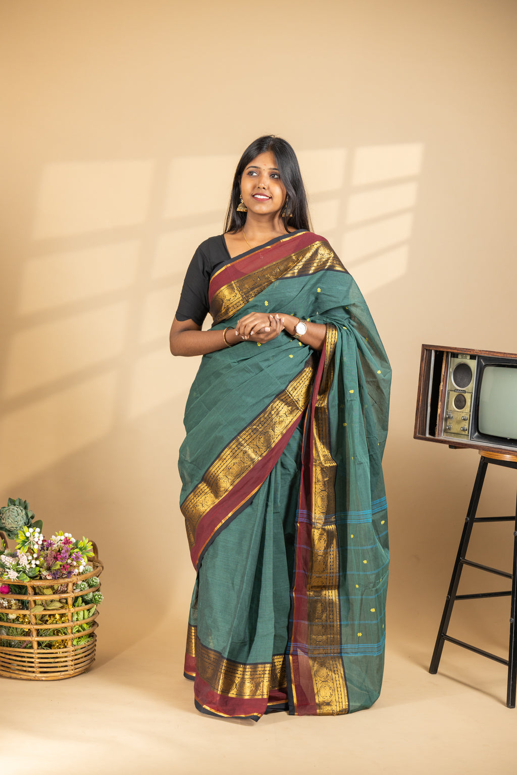 Ramar Green Chettinad Cotton Saree with Maroon Border - #NS009