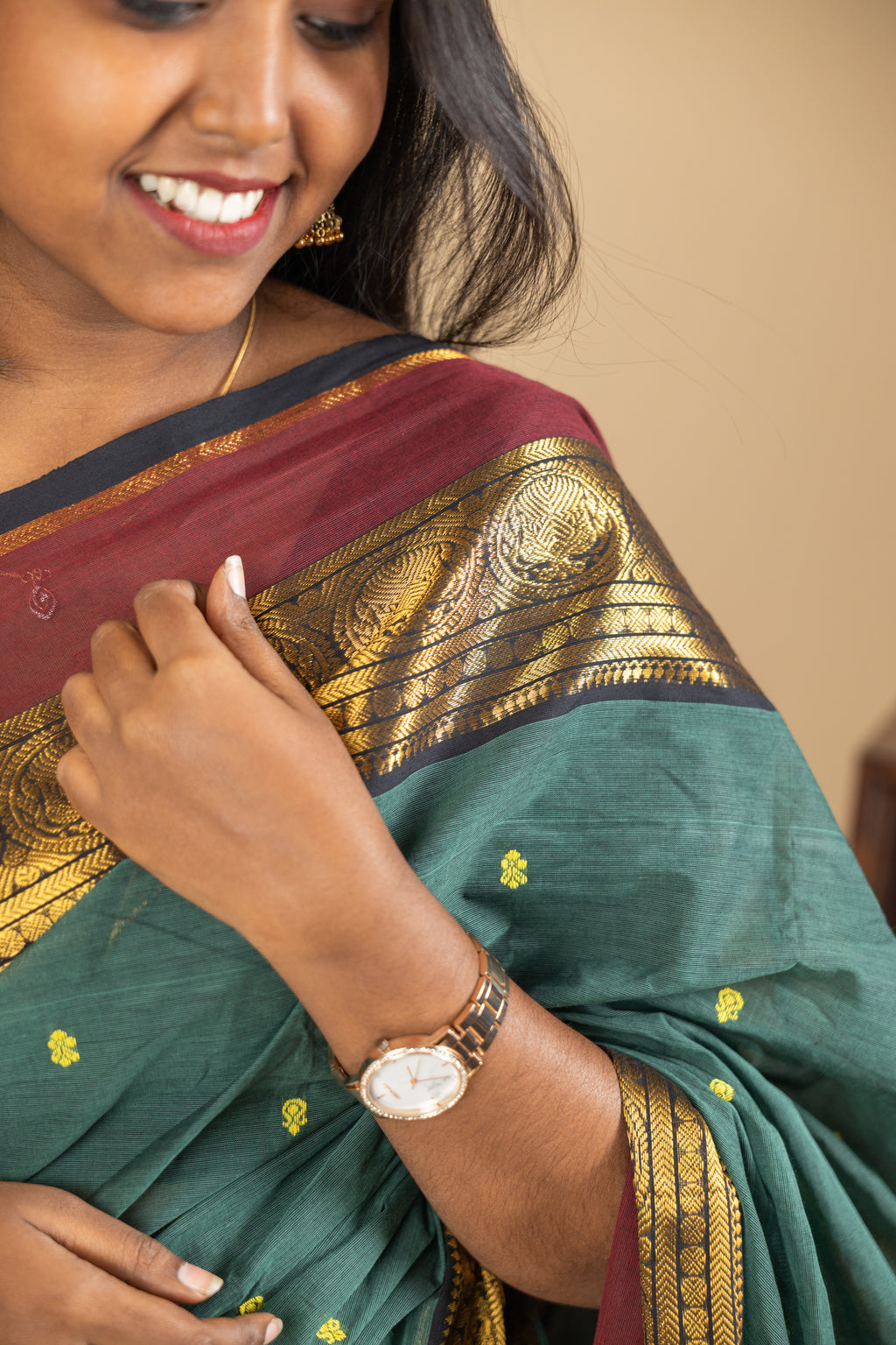 Ramar Green Chettinad Cotton Saree with Maroon Border - #NS009