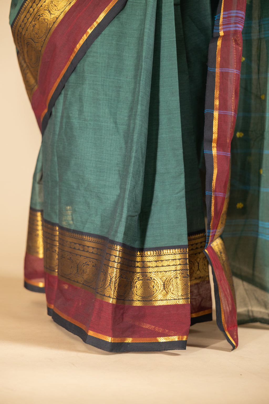 Ramar Green Chettinad Cotton Saree with Maroon Border - #NS009