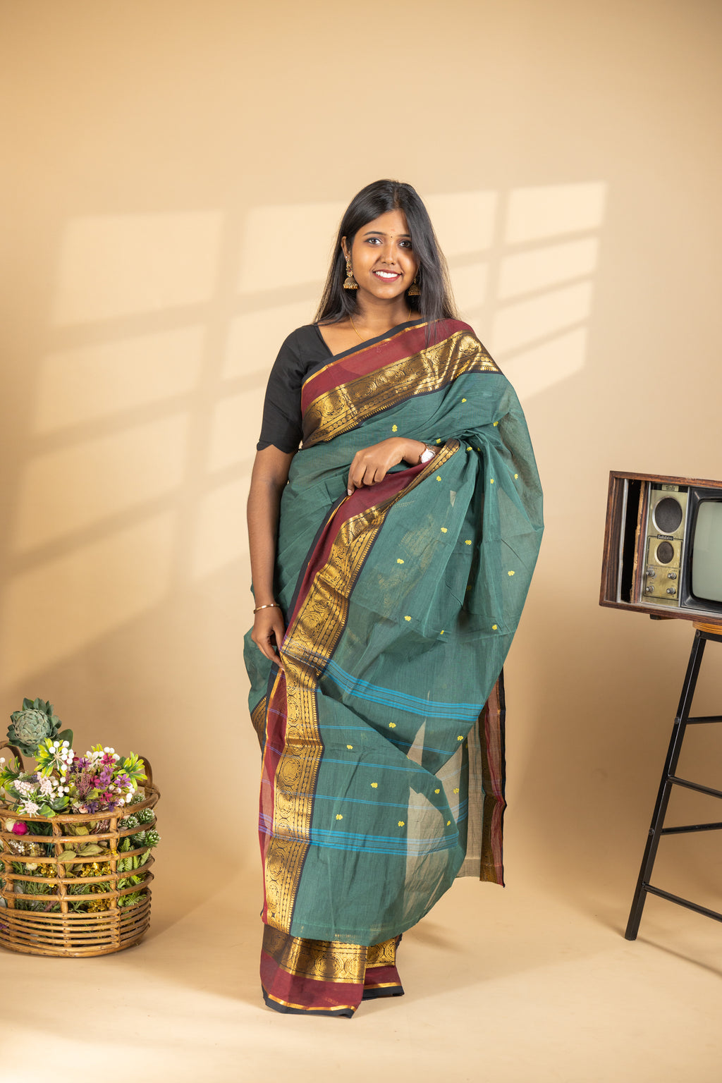 Ramar Green Chettinad Cotton Saree with Maroon Border - #NS009