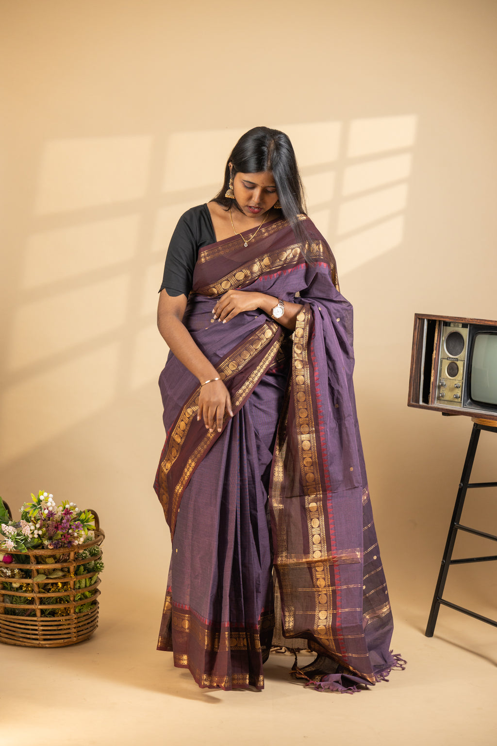Dark Purple Chettinad Cotton Brown Border - #NS013