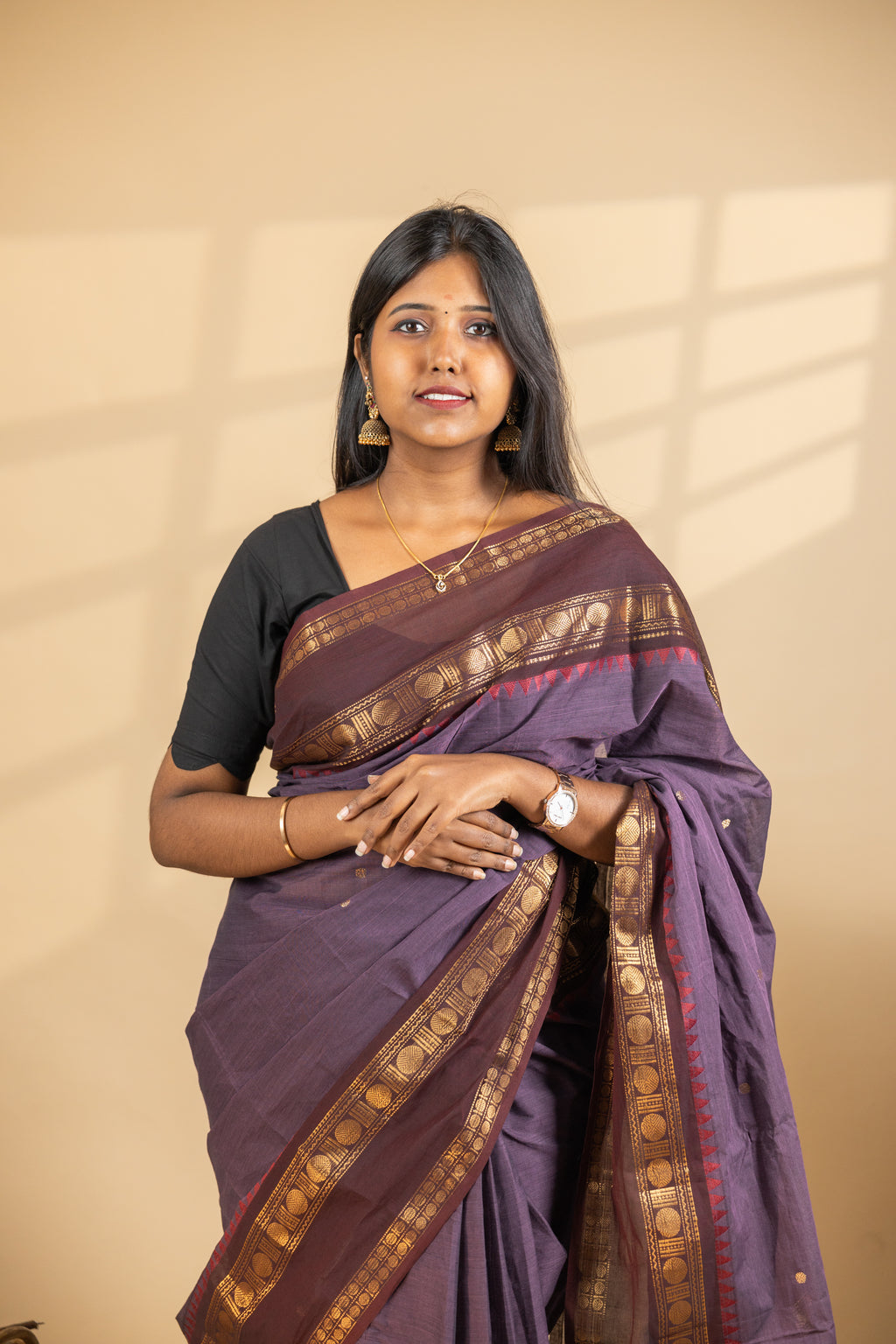 Dark Purple Chettinad Cotton Brown Border - #NS013