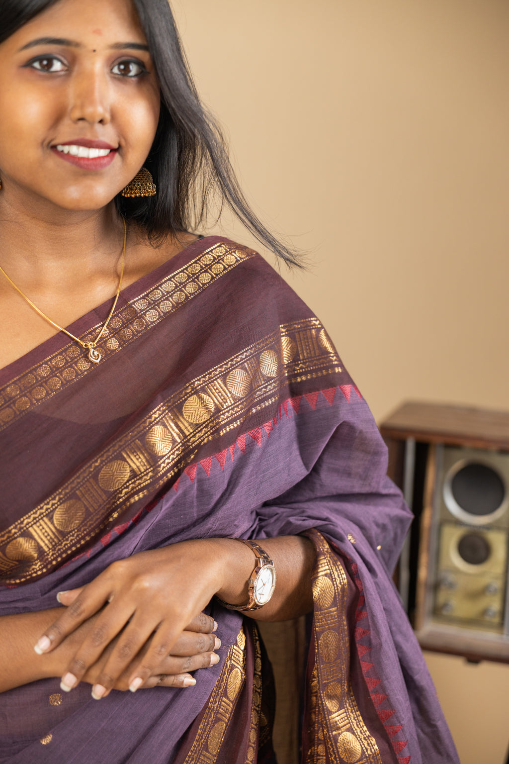 Dark Purple Chettinad Cotton Brown Border - #NS013