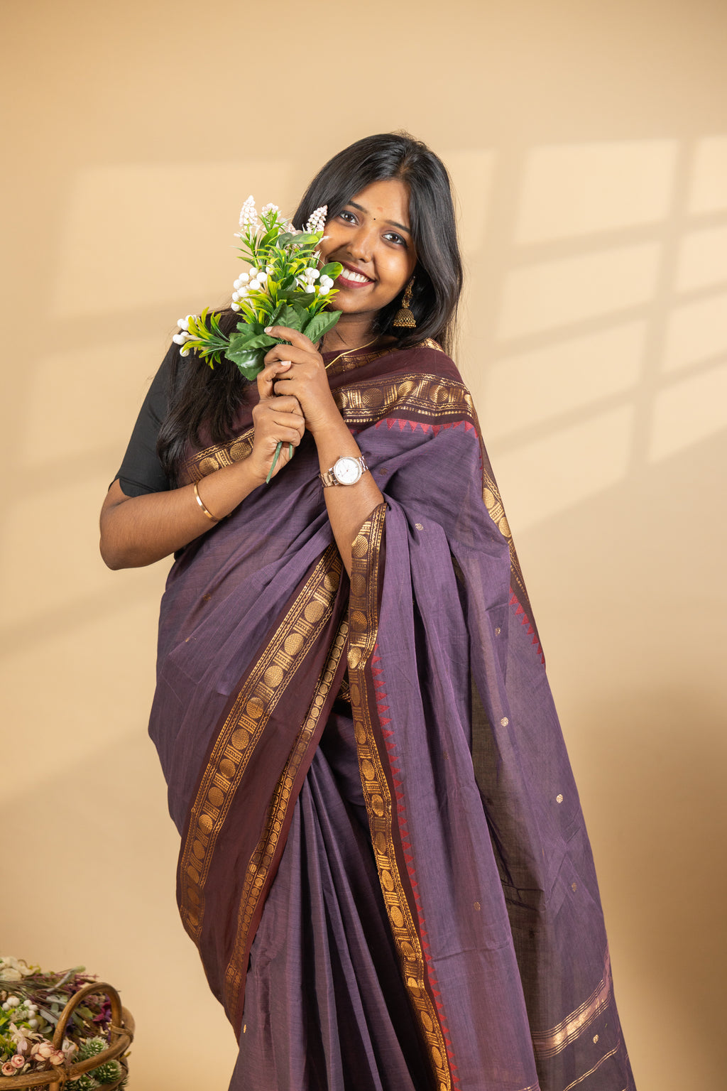 Dark Purple Chettinad Cotton Brown Border - #NS013