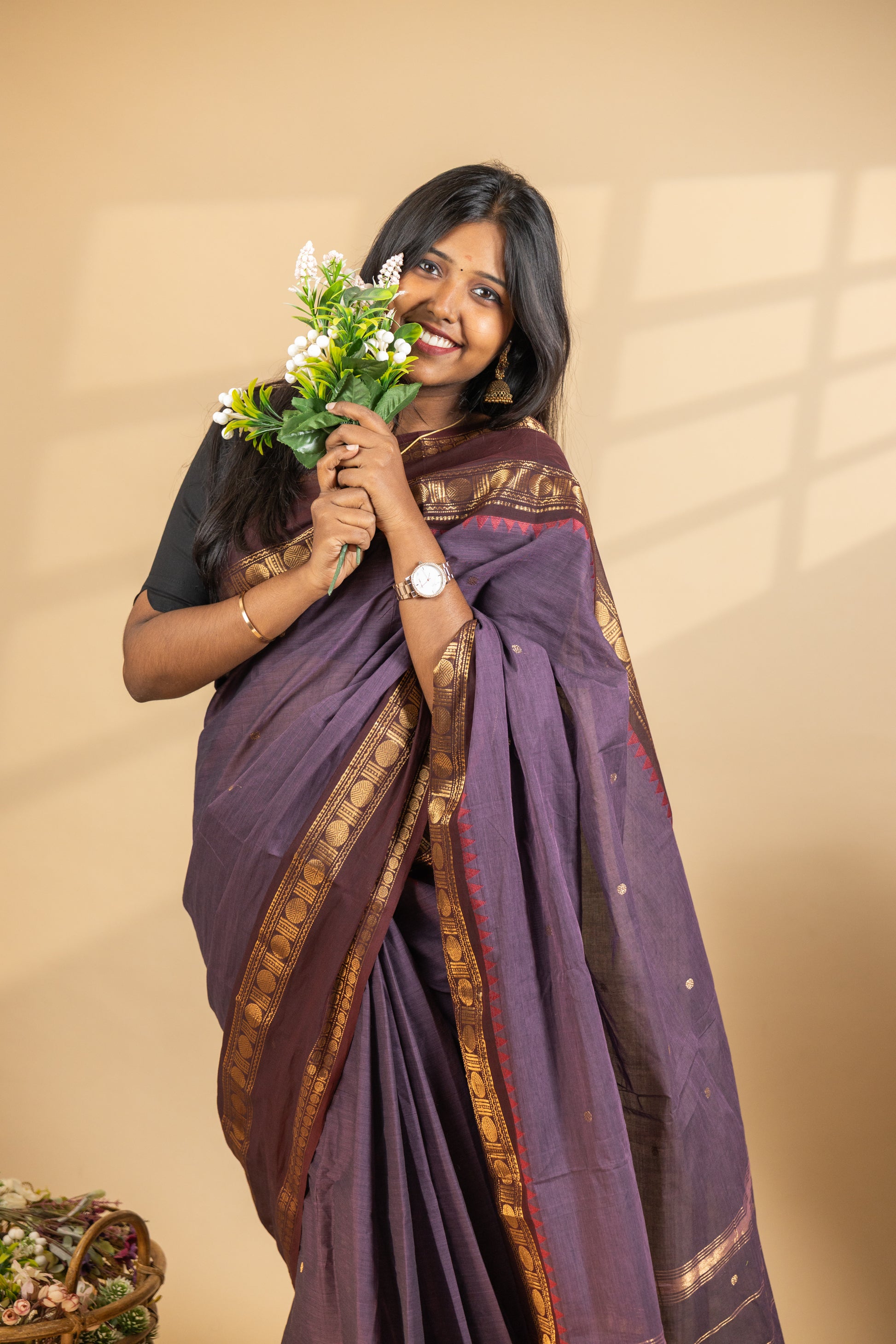 Dark Purple Chettinad Cotton Brown Border - #NS013