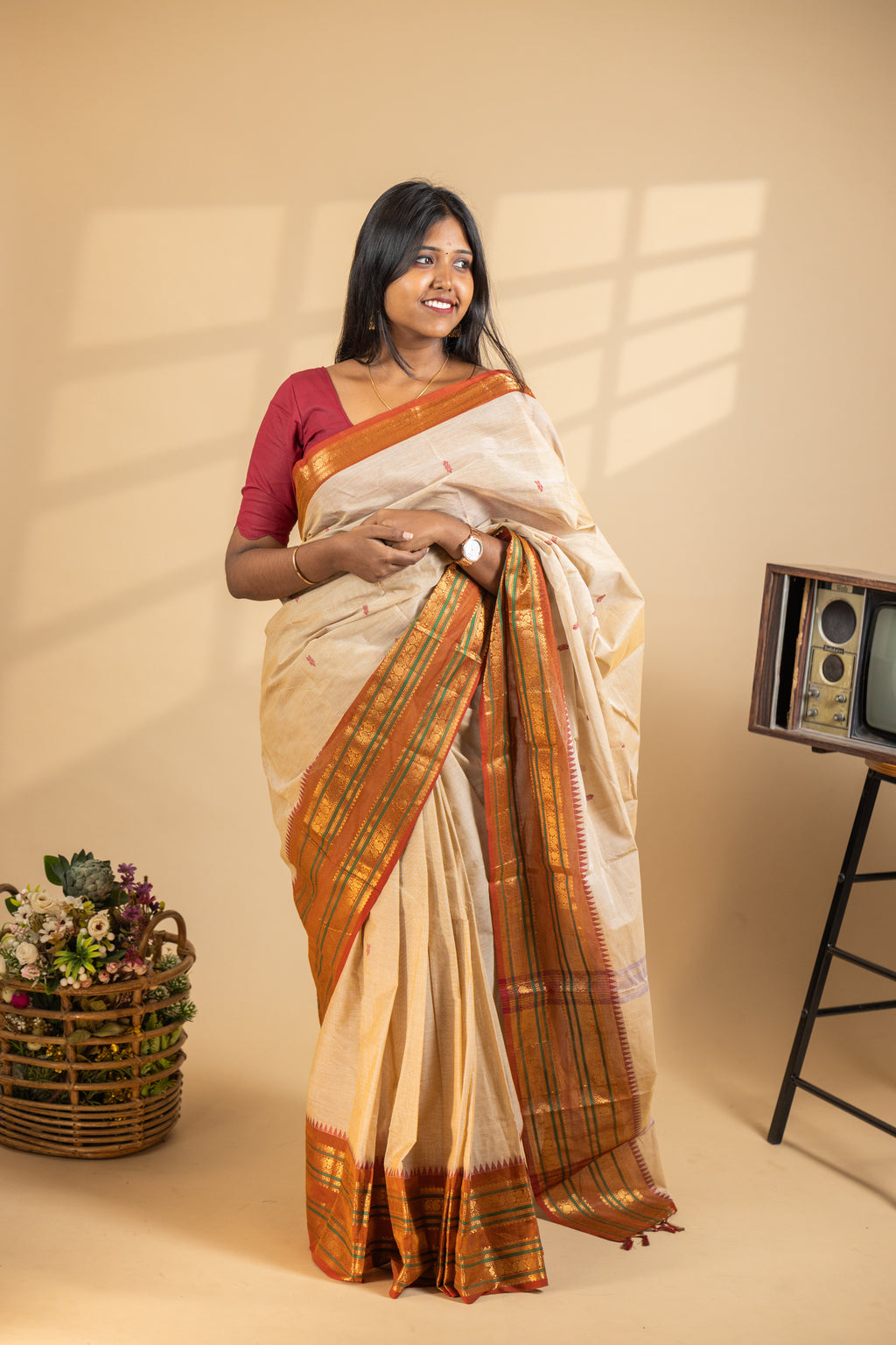 Off white Chettinad Cotton Saree with Maroon Border - #NS005