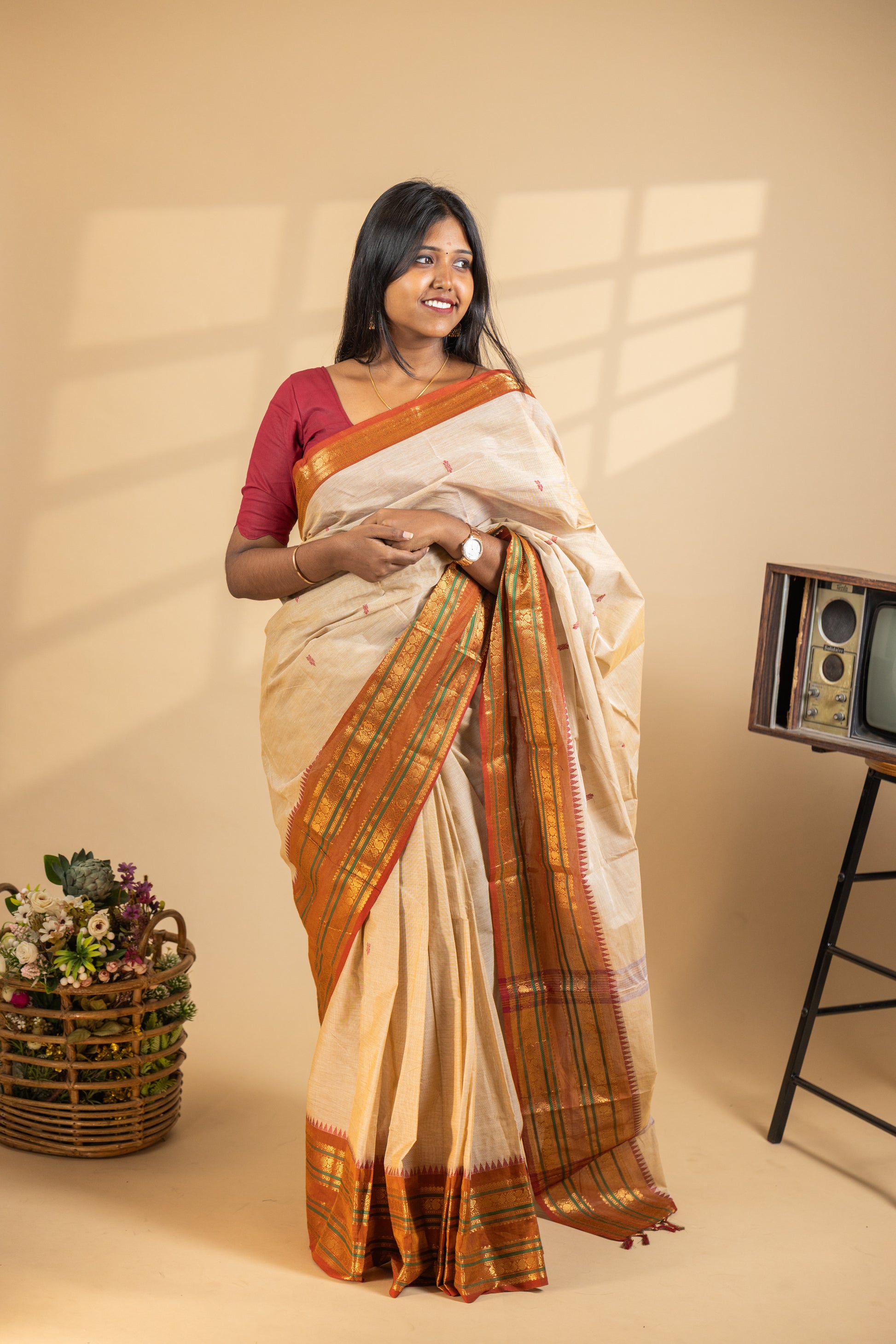 Off white Chettinad Cotton Saree with Maroon Border - #NS005