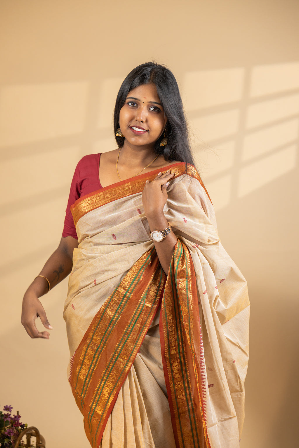 Off white Chettinad Cotton Saree with Maroon Border - #NS005