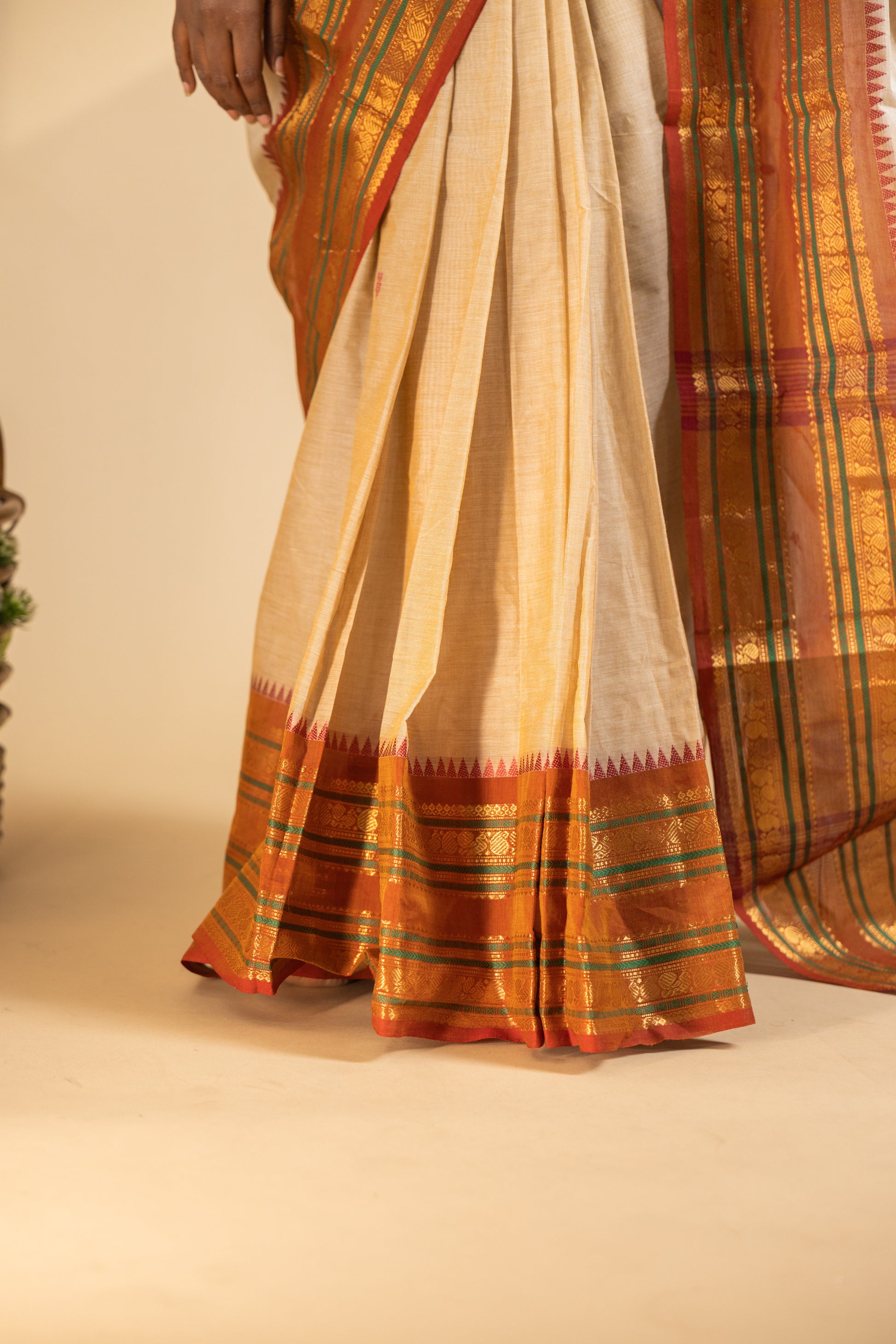 Off white Chettinad Cotton Saree with Maroon Border - #NS005