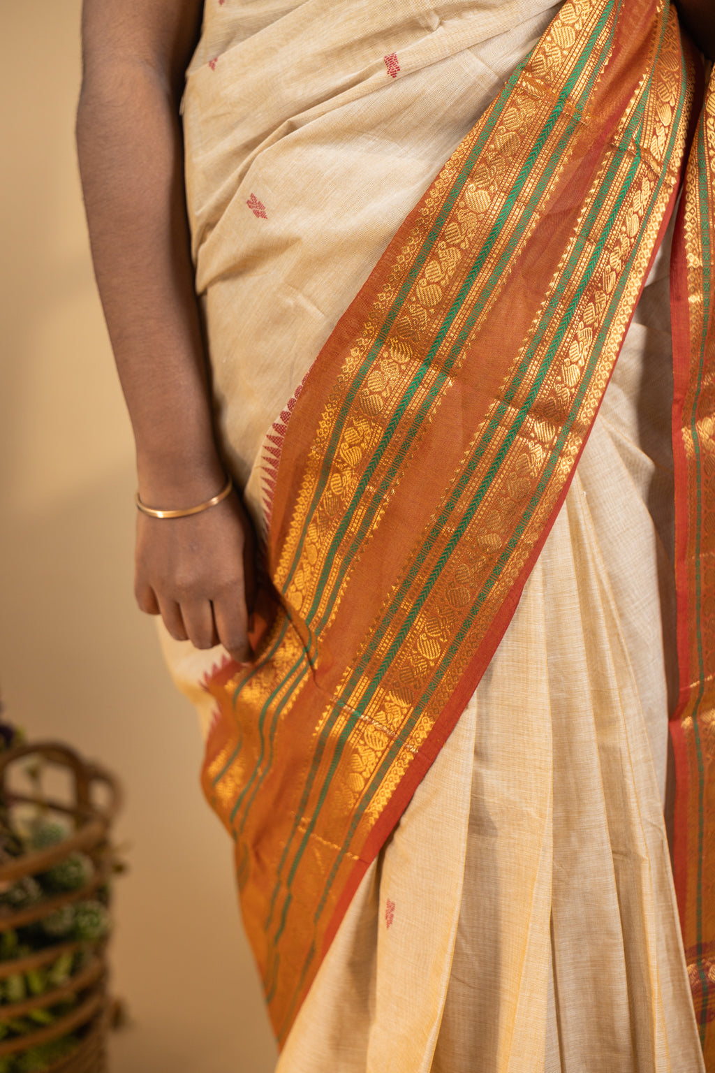 Off white Chettinad Cotton Saree with Maroon Border - #NS005