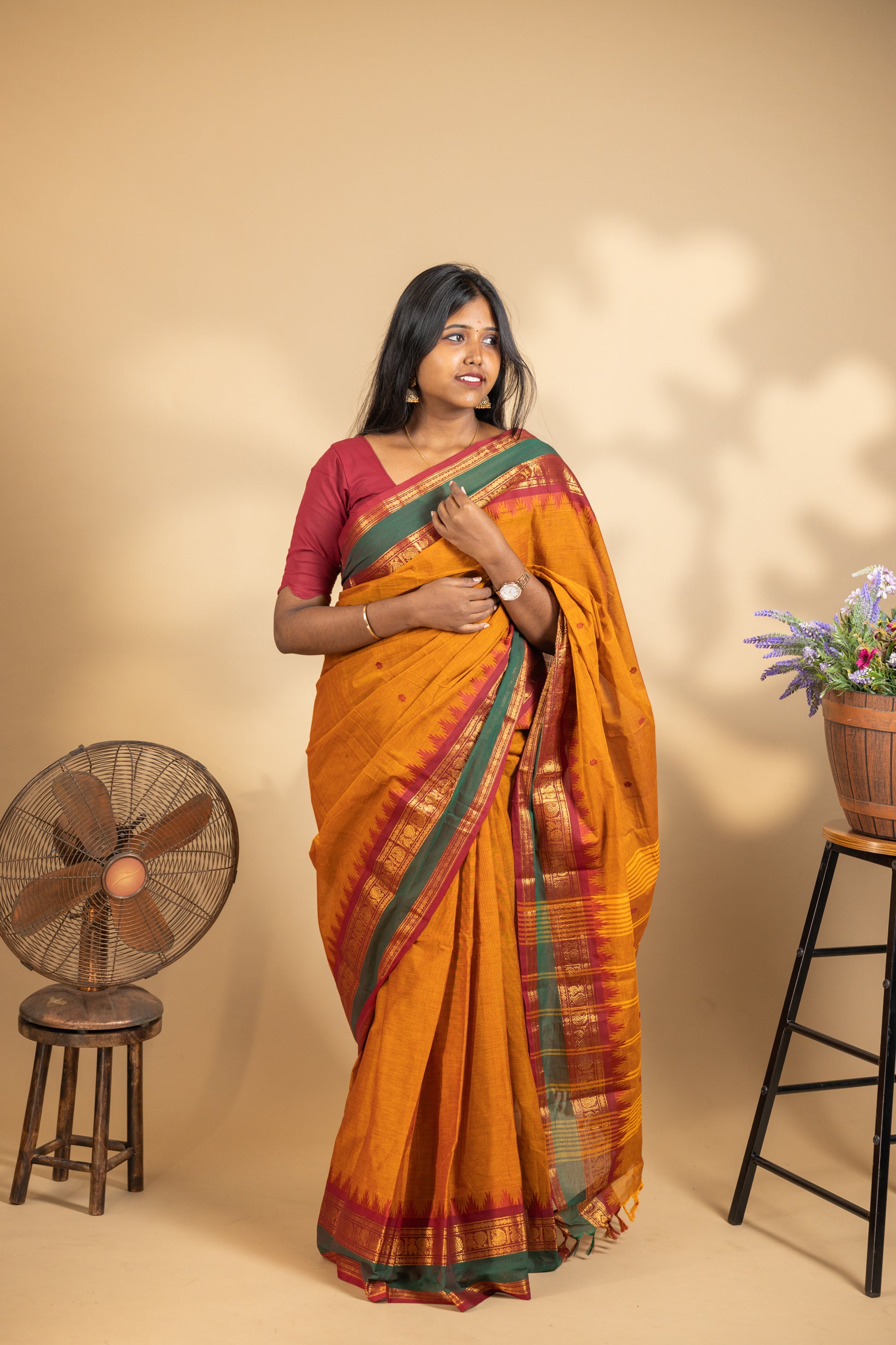 Yellow Chettinad Cotton Saree with Pink and Green Border - #NS011