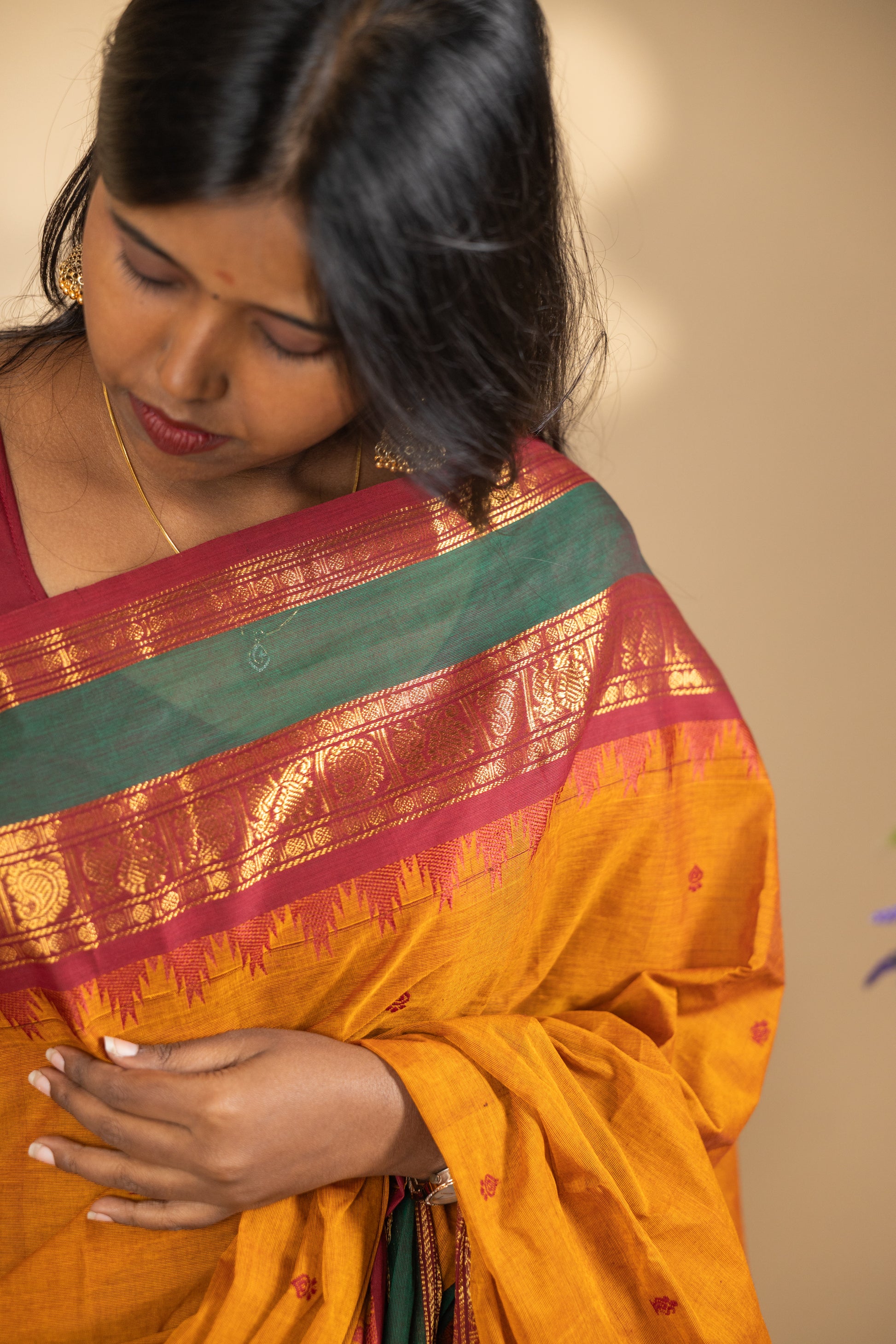 Yellow Chettinad Cotton Saree with Pink and Green Border - #NS011