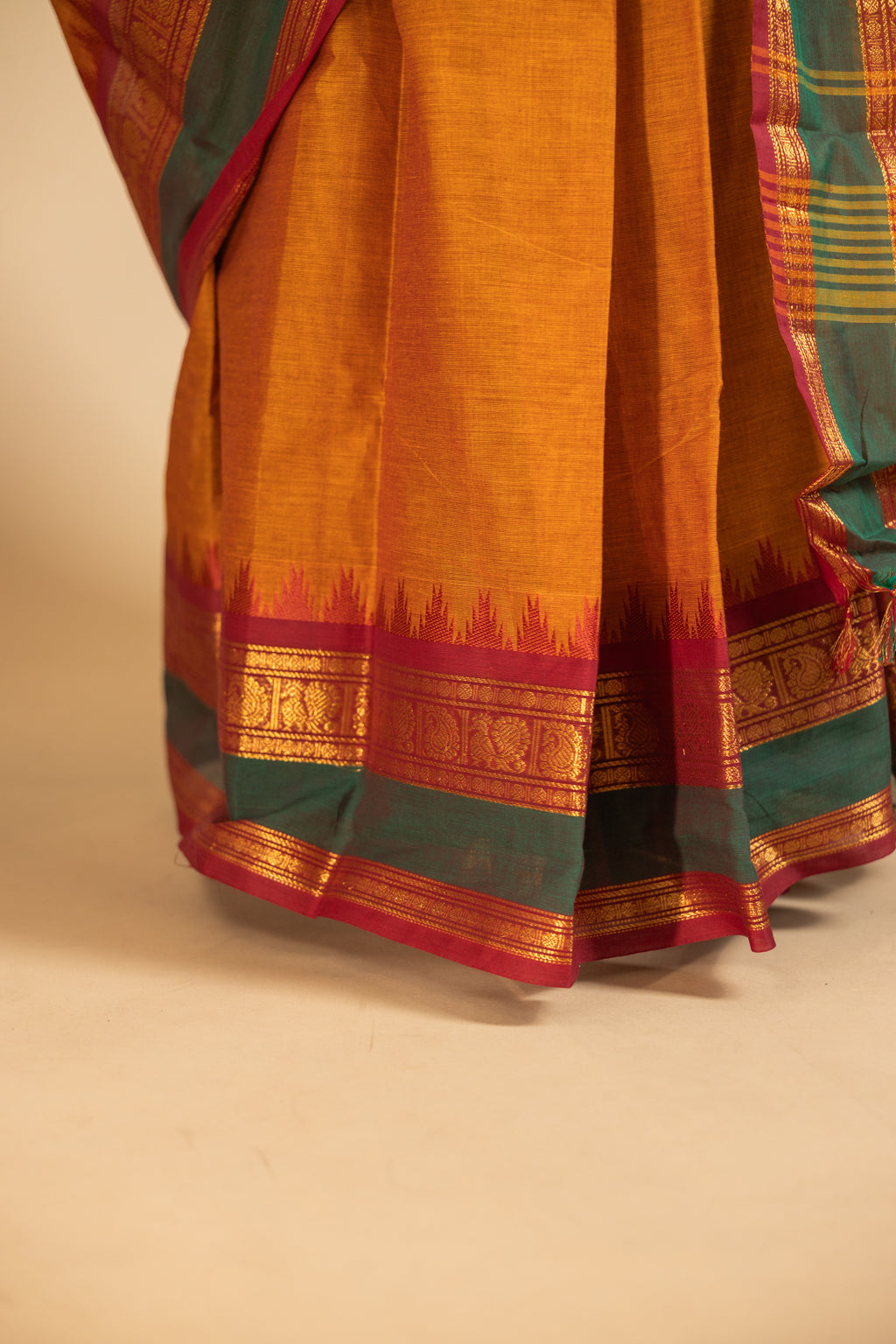 Yellow Chettinad Cotton Saree with Pink and Green Border - #NS011