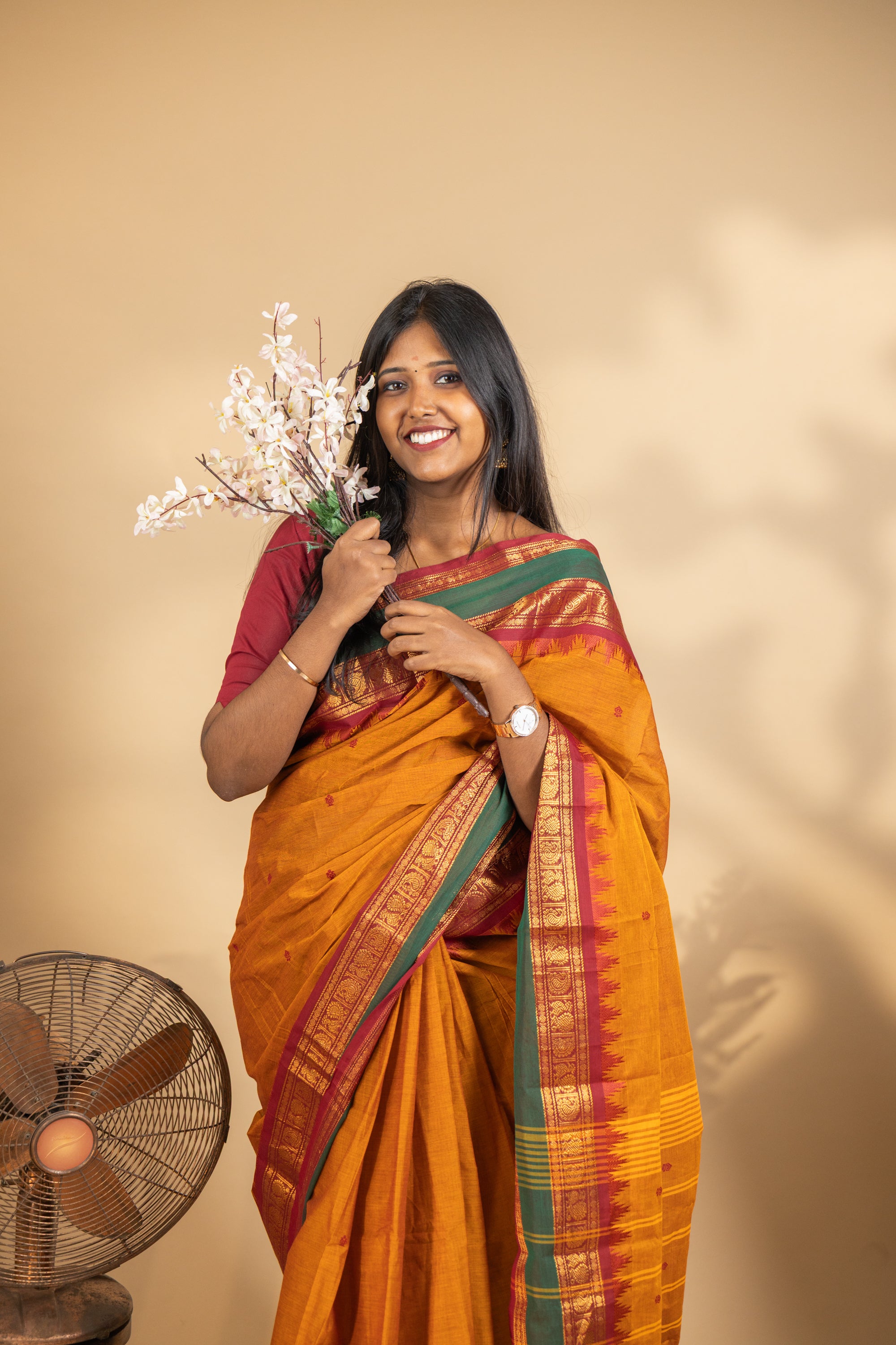 Yellow Chettinad Cotton Saree with Pink and Green Border - #NS011