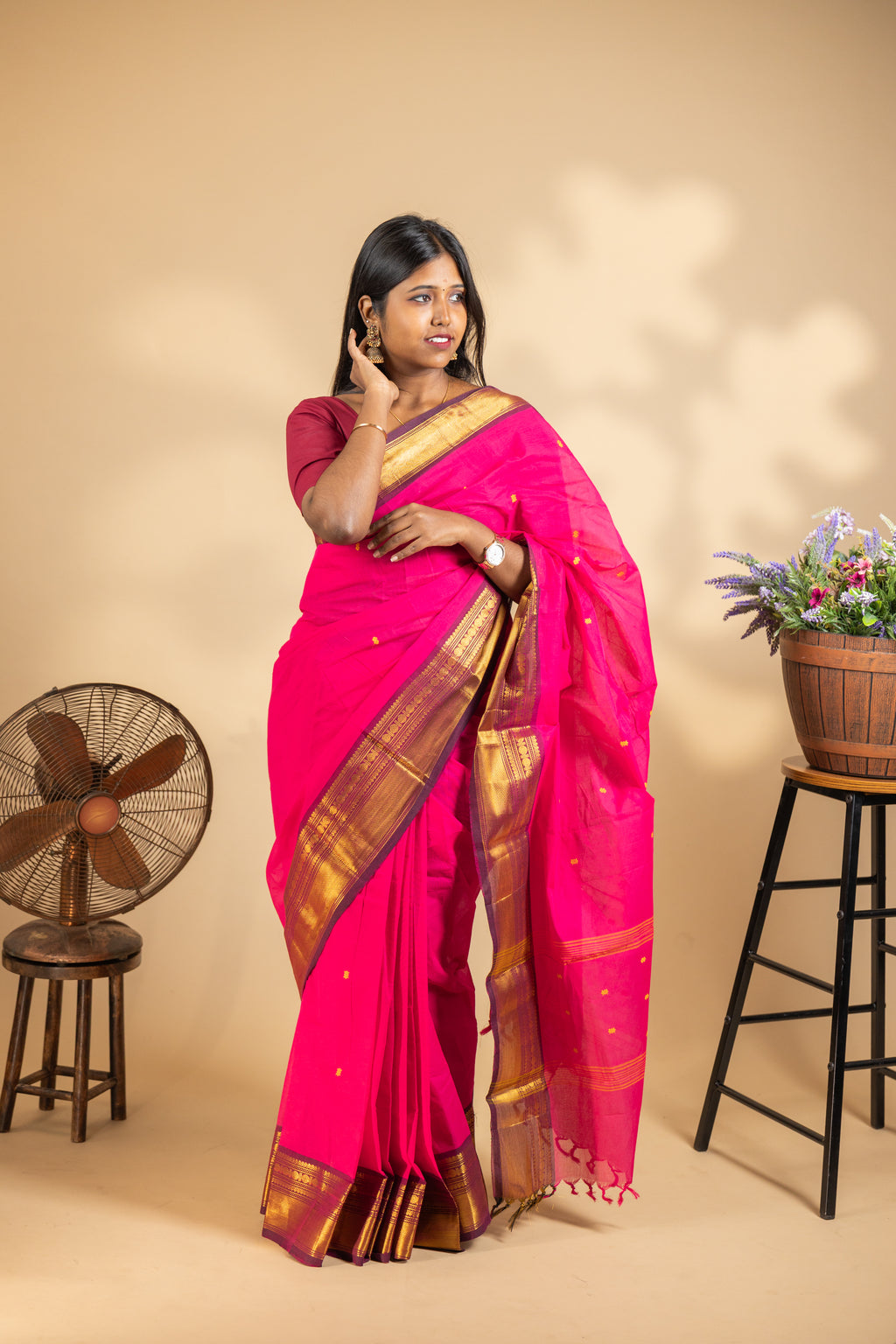 Pink Chettinad Cotton Saree with Maroon Border - #NS007