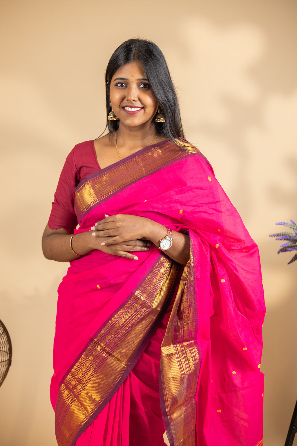 Pink Chettinad Cotton Saree with Maroon Border - #NS007