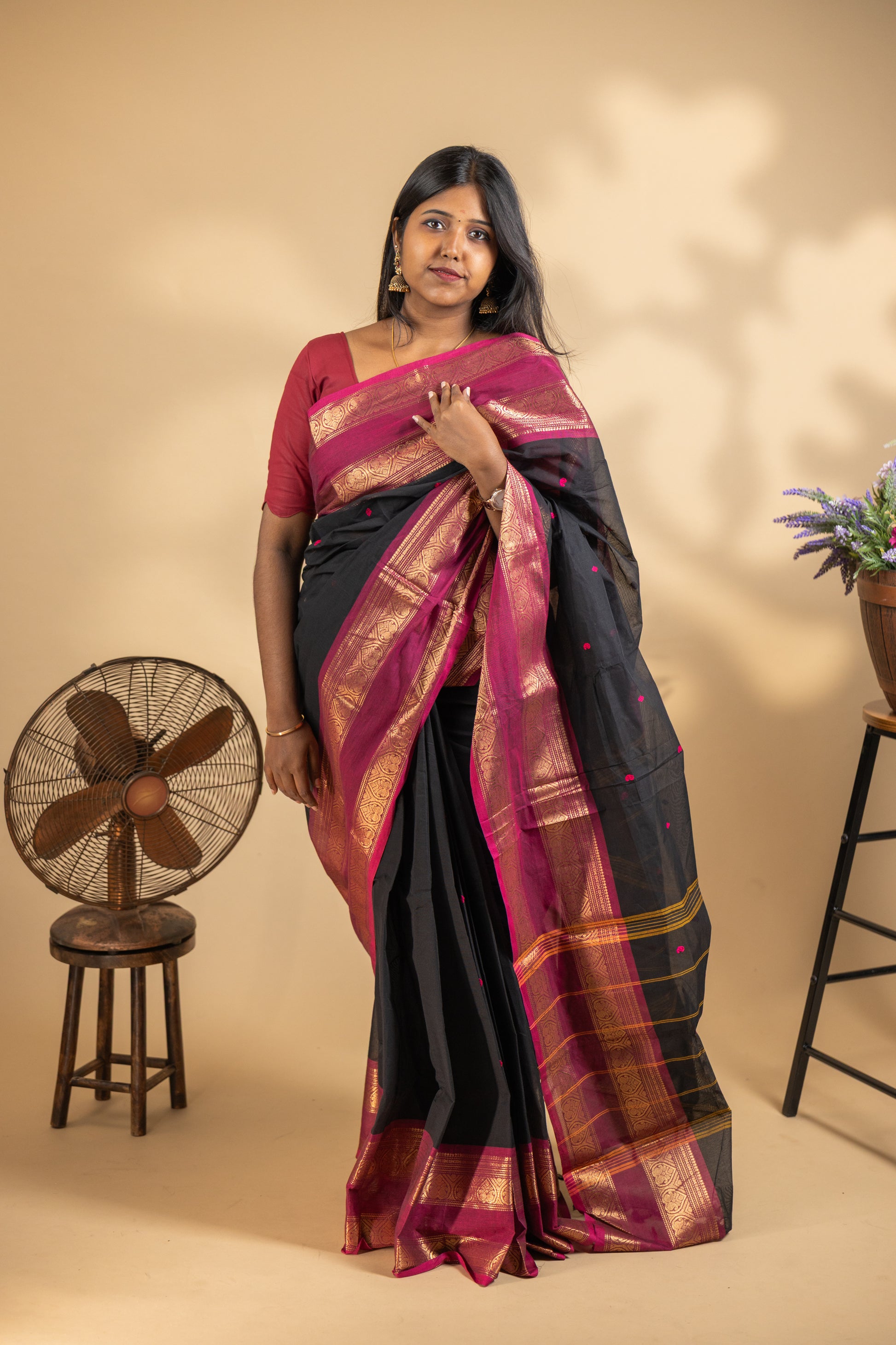 Black Chettinad Cotton Saree with Pink Border - #NS010