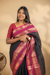 Black Chettinad Cotton Saree with Pink Border - #NS010