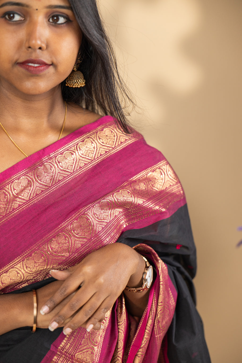 Black Chettinad Cotton Saree with Pink Border - #NS010