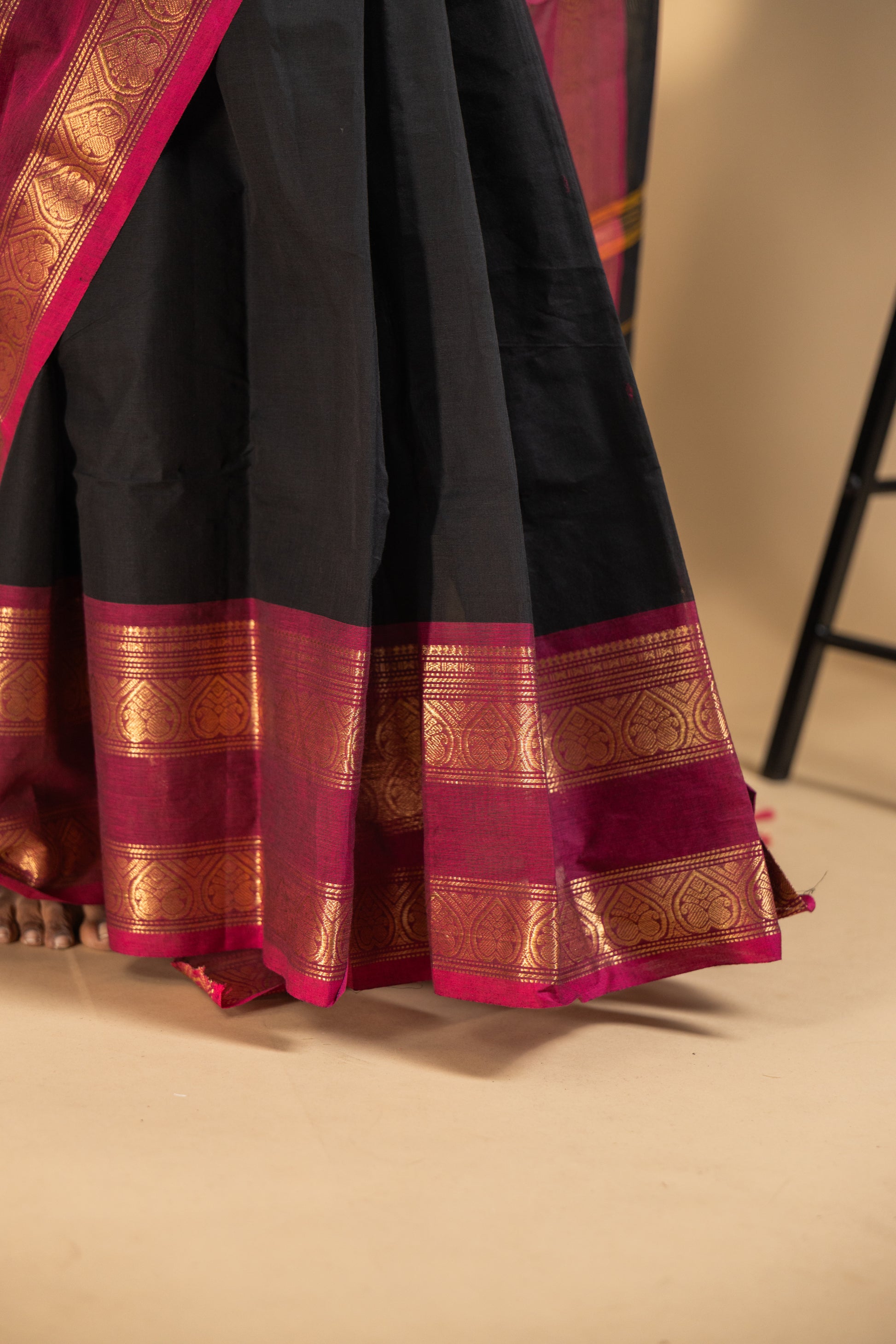 Black Chettinad Cotton Saree with Pink Border - #NS010