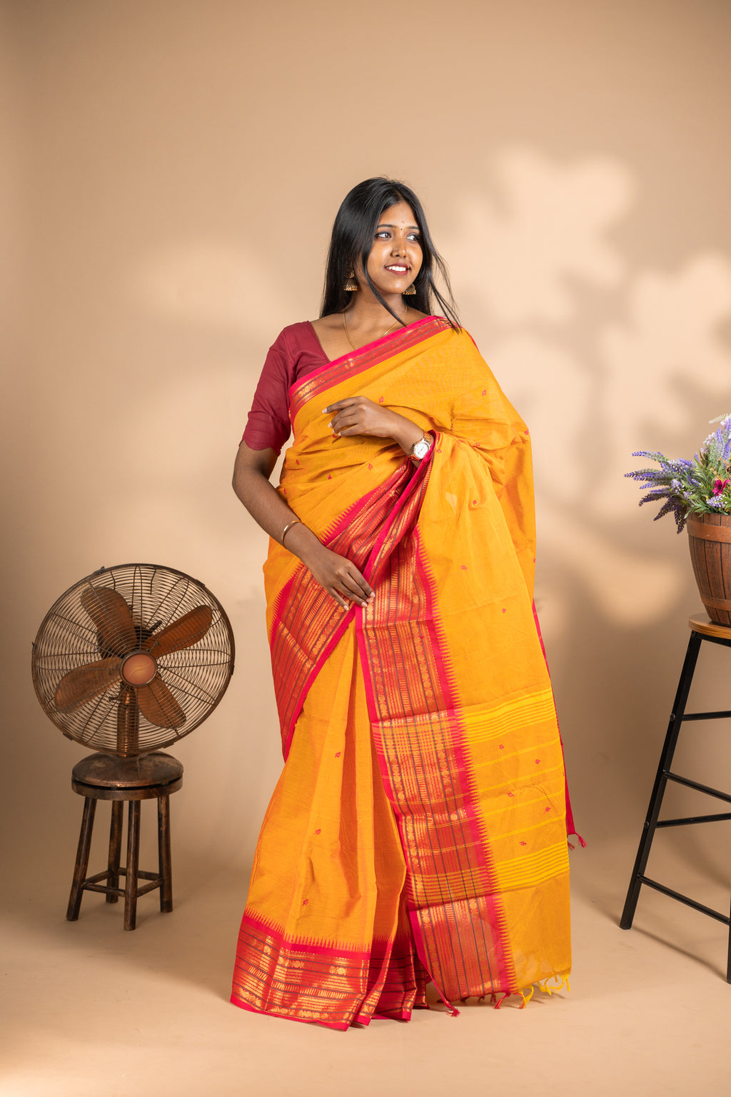 Yellow Chettinad Cotton Red Border - #NS014